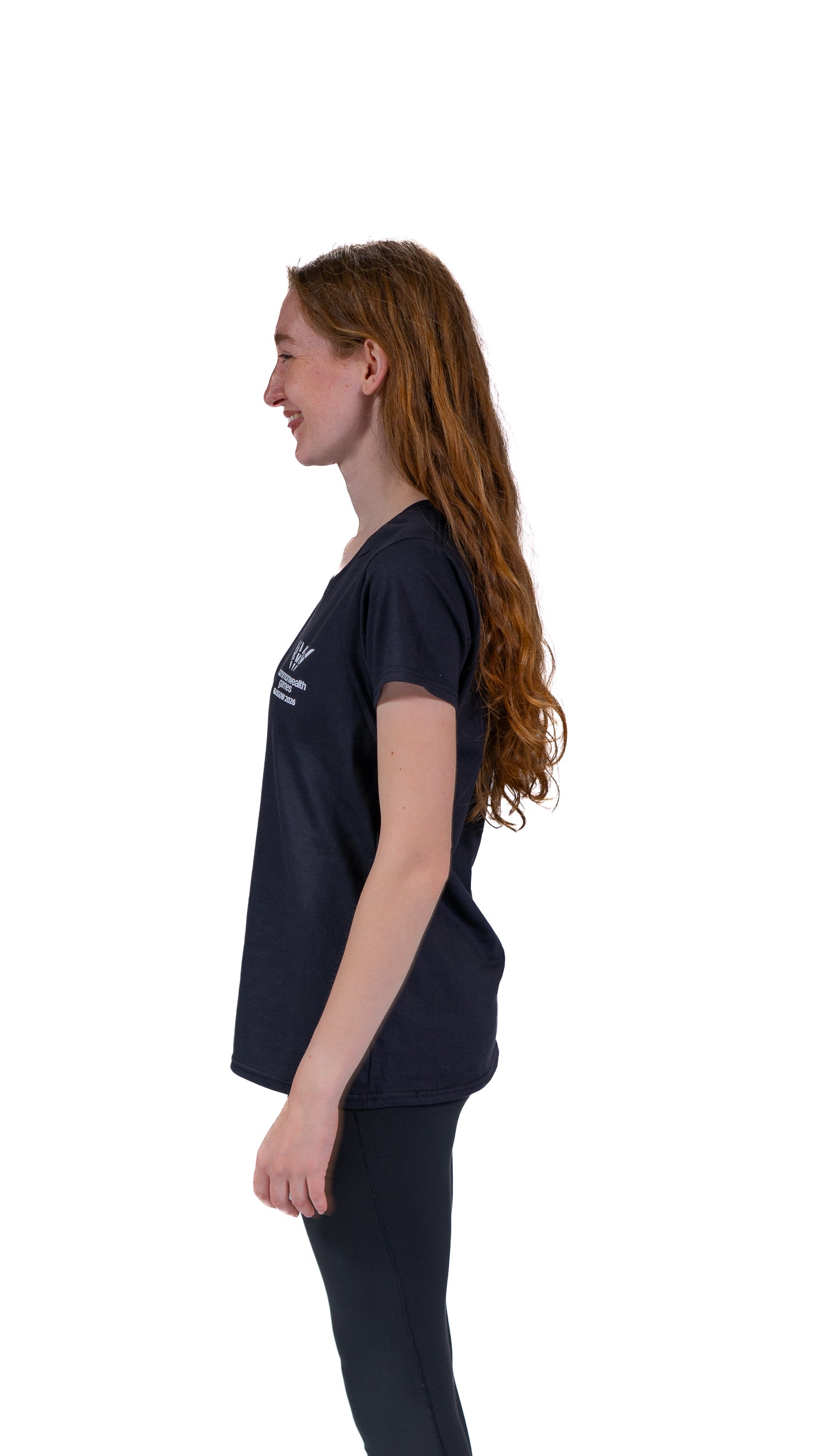 Side view of woman wearing navy Glasgow 2026 Wellington t-shirt.