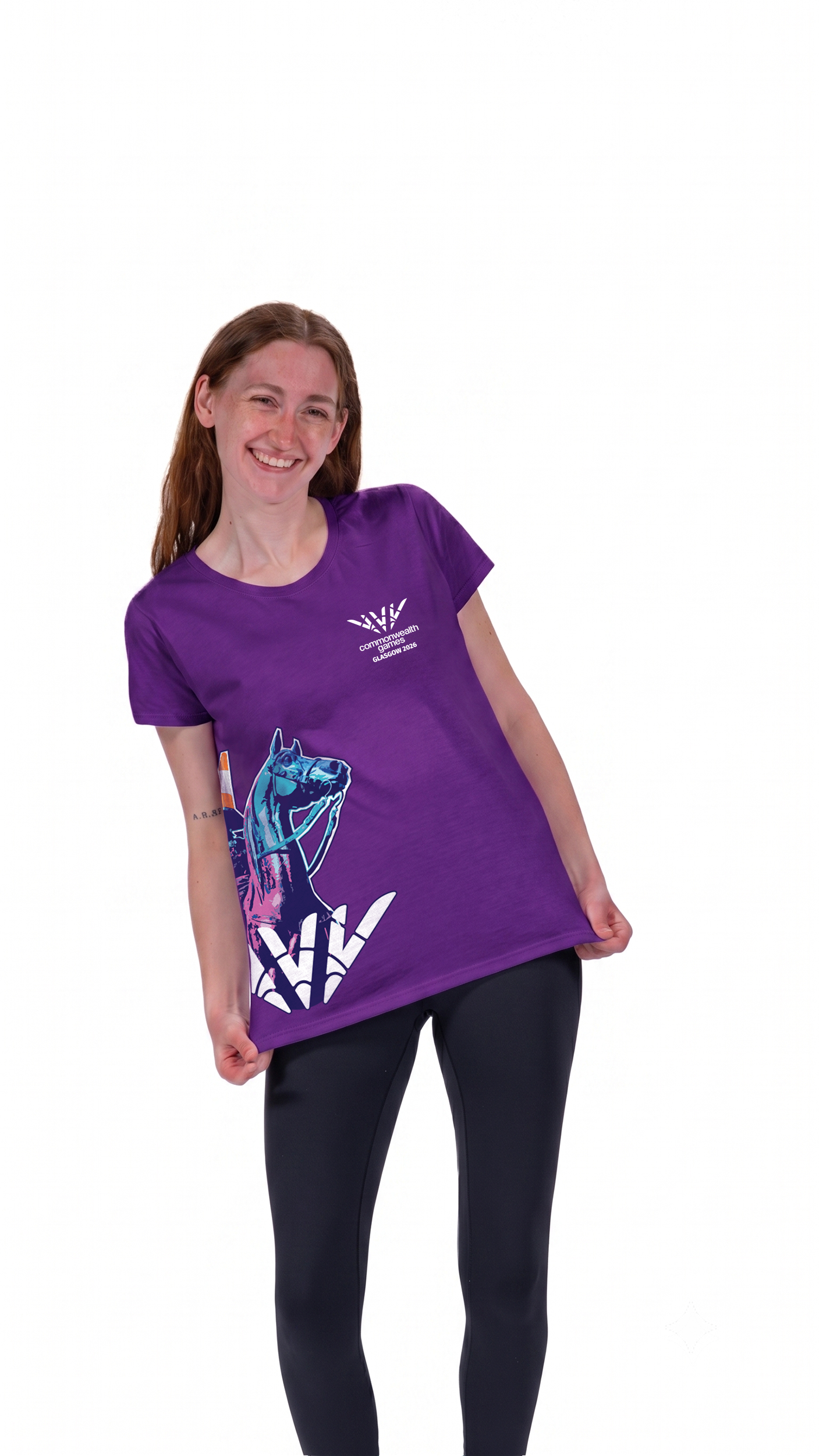 Woman wearing purple t-shirt with Glasgow 2026 logo and Wellington graphic side print.