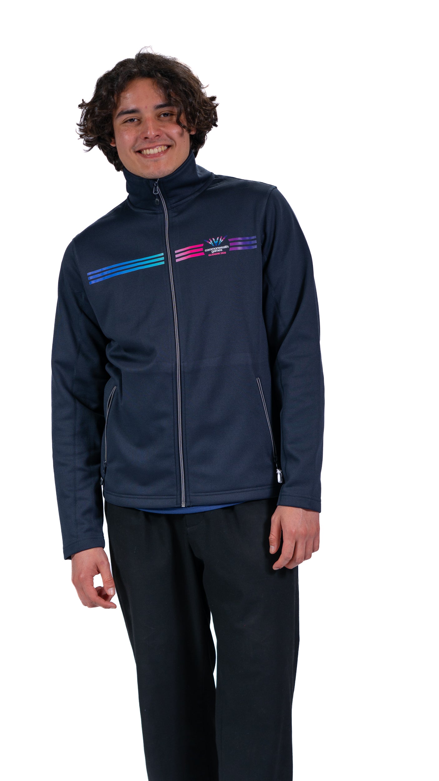 Front view of man wearing navy Track Jacket with full colour Glasgow 2026 logo and stripes.