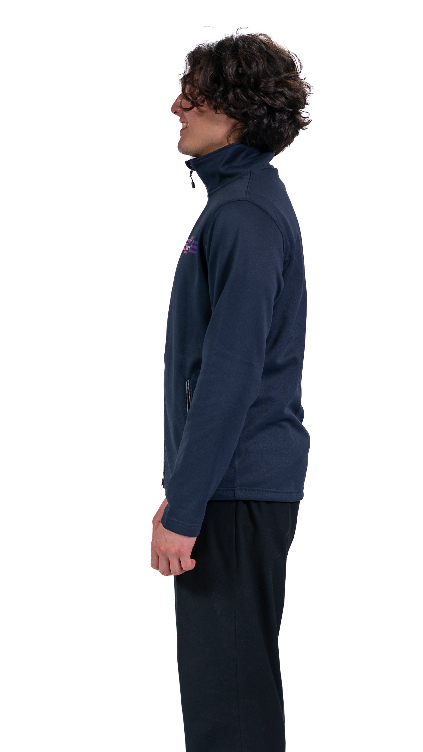 Side view of man wearing navy Track Jacket with full colour Glasgow 2026 logo and stripes.