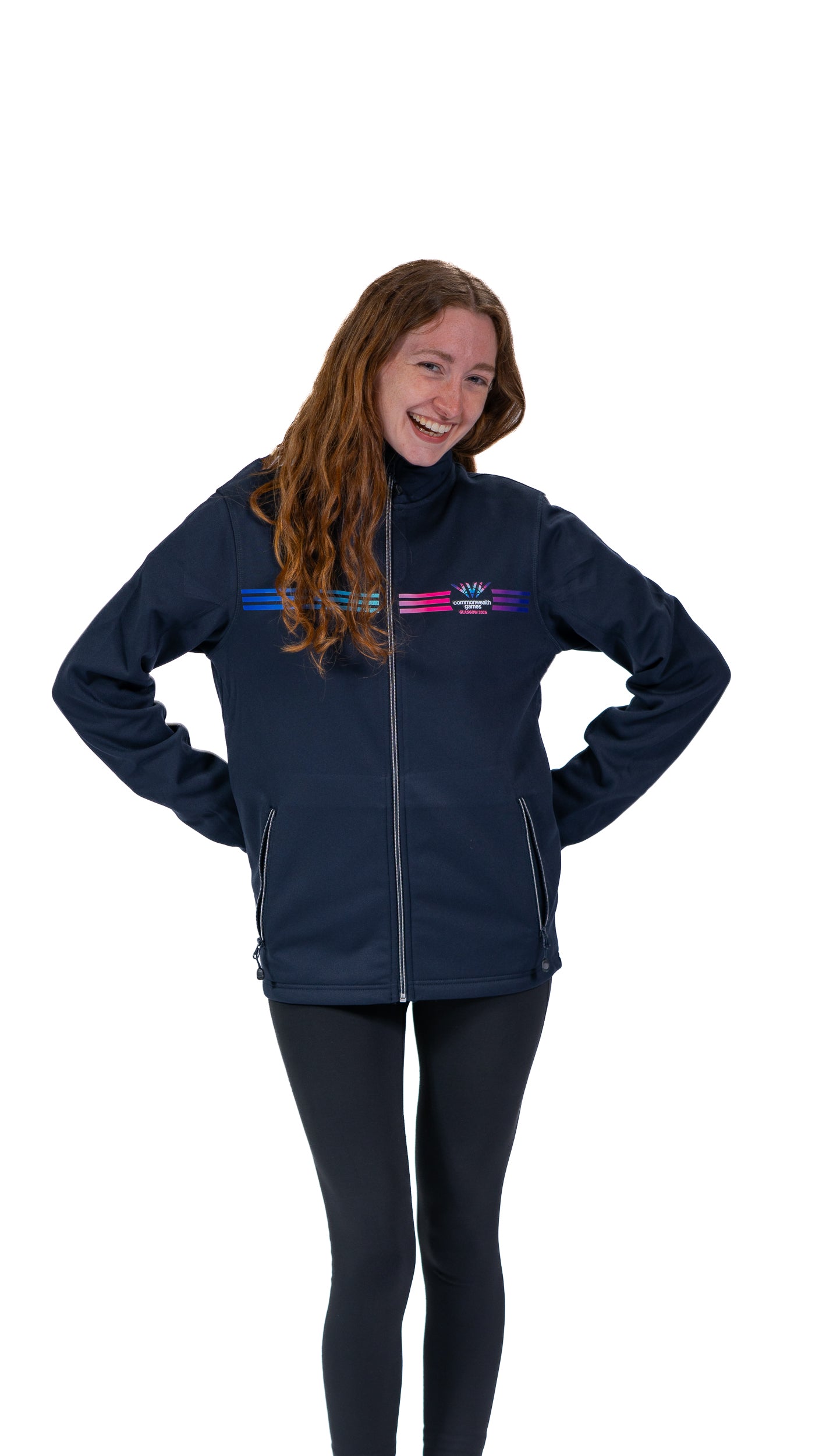 Front view of woman wearing navy Track Jacket with full colour Glasgow 2026 logo and stripes.