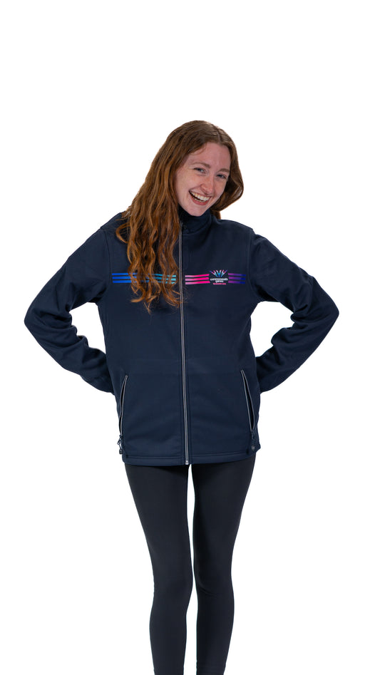 Front view of woman wearing navy Track Jacket with full colour Glasgow 2026 logo and stripes.