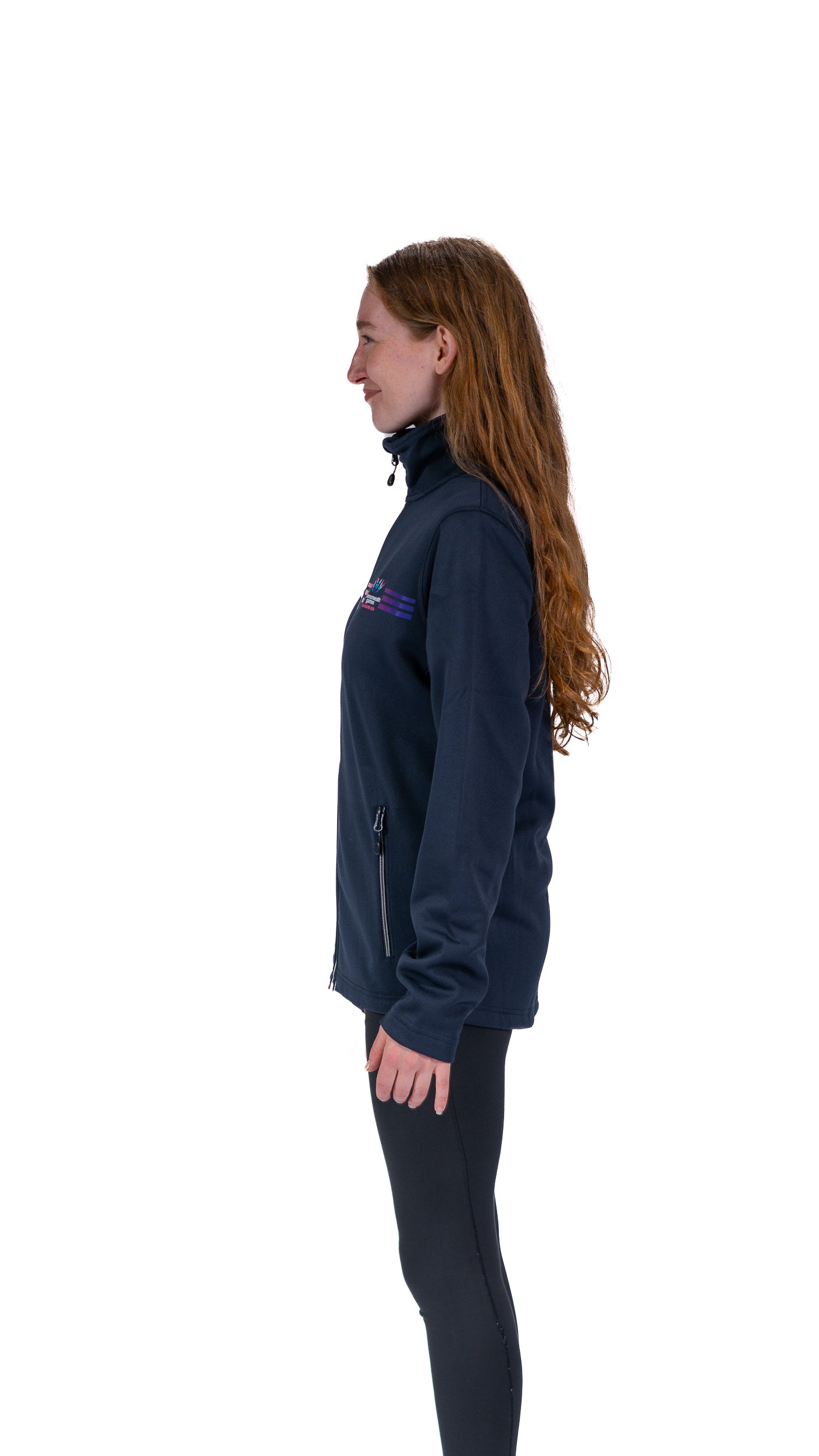 Side view of woman wearing navy Track Jacket with full colour Glasgow 2026 logo and stripes.