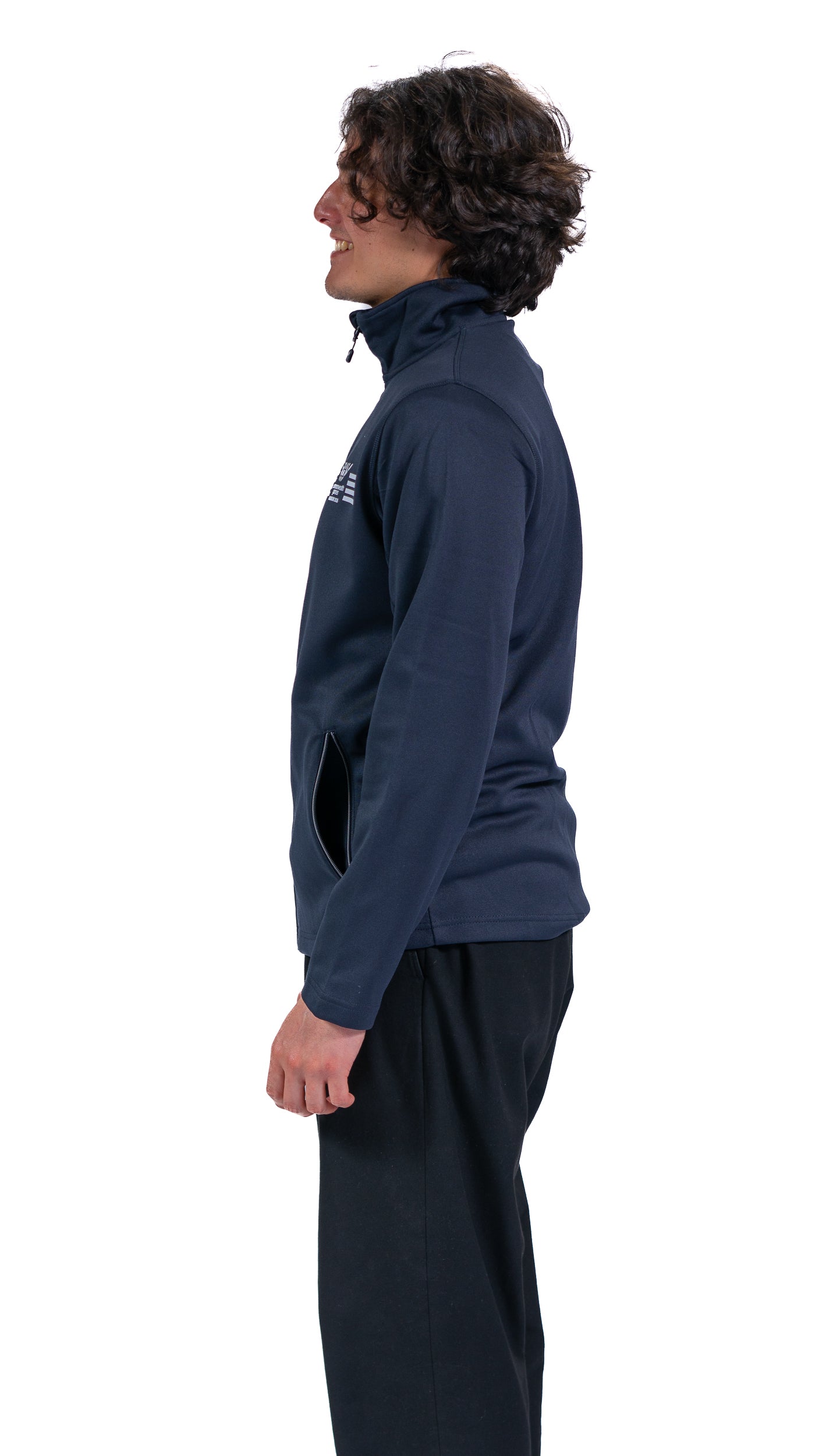 Front view of man wearing navy Track Jacket with white Glasgow 2026 logo and stripes.