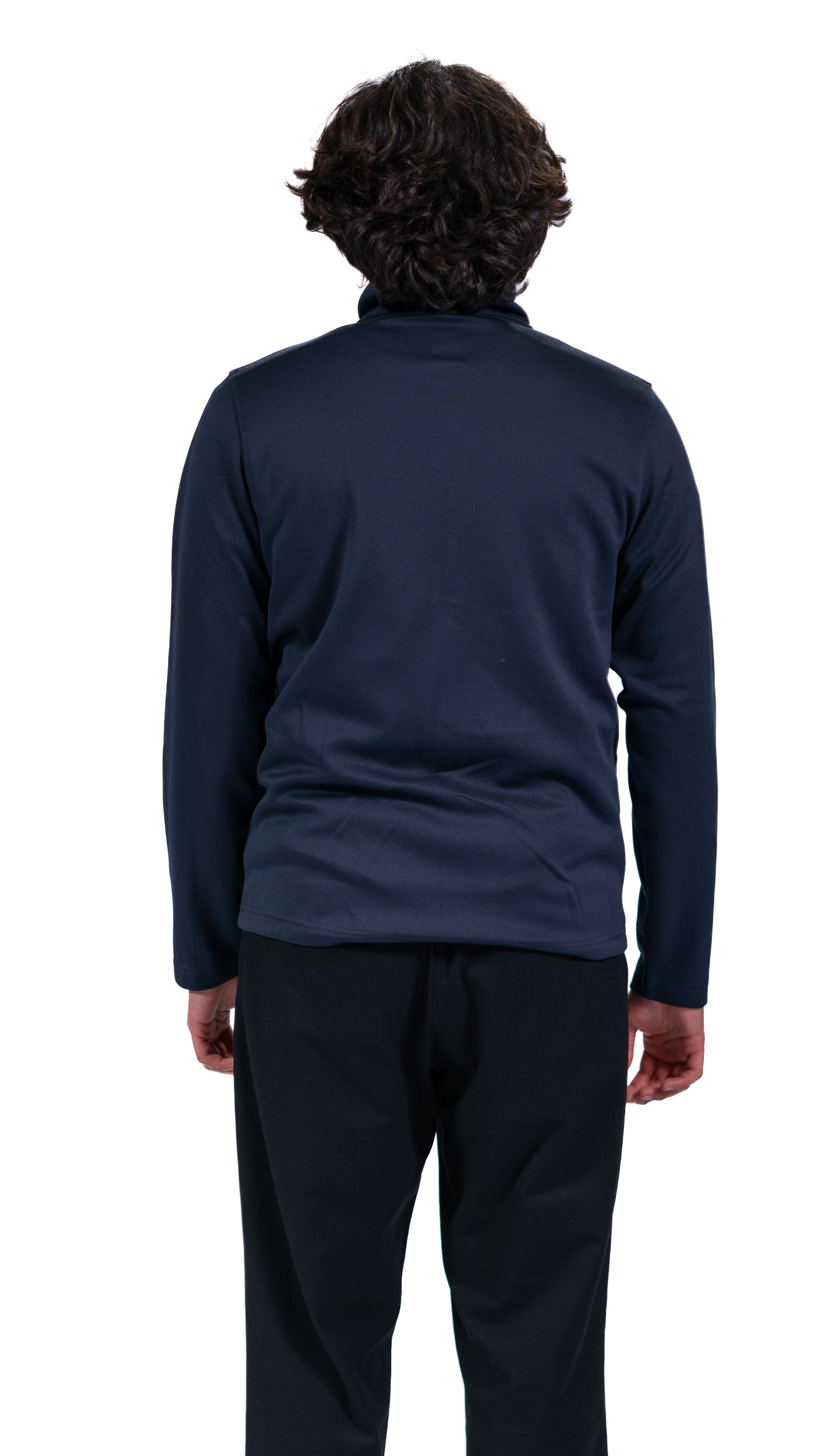 Back view of man wearing navy Glasgow 2026 mono logo stripe Track Jacket.