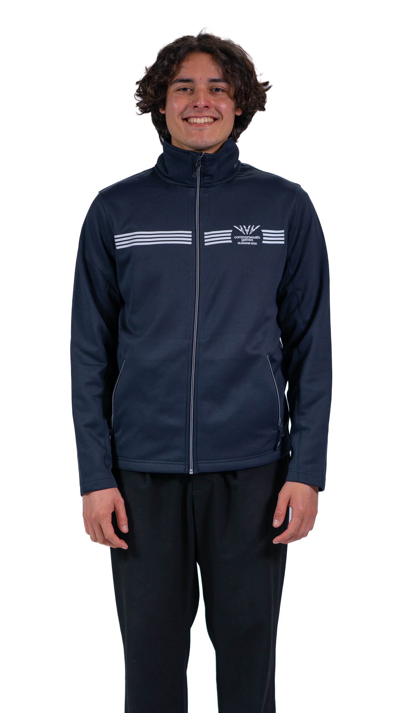 Front view of man wearing navy Track Jacket with white Glasgow 2026 logo and stripes.
