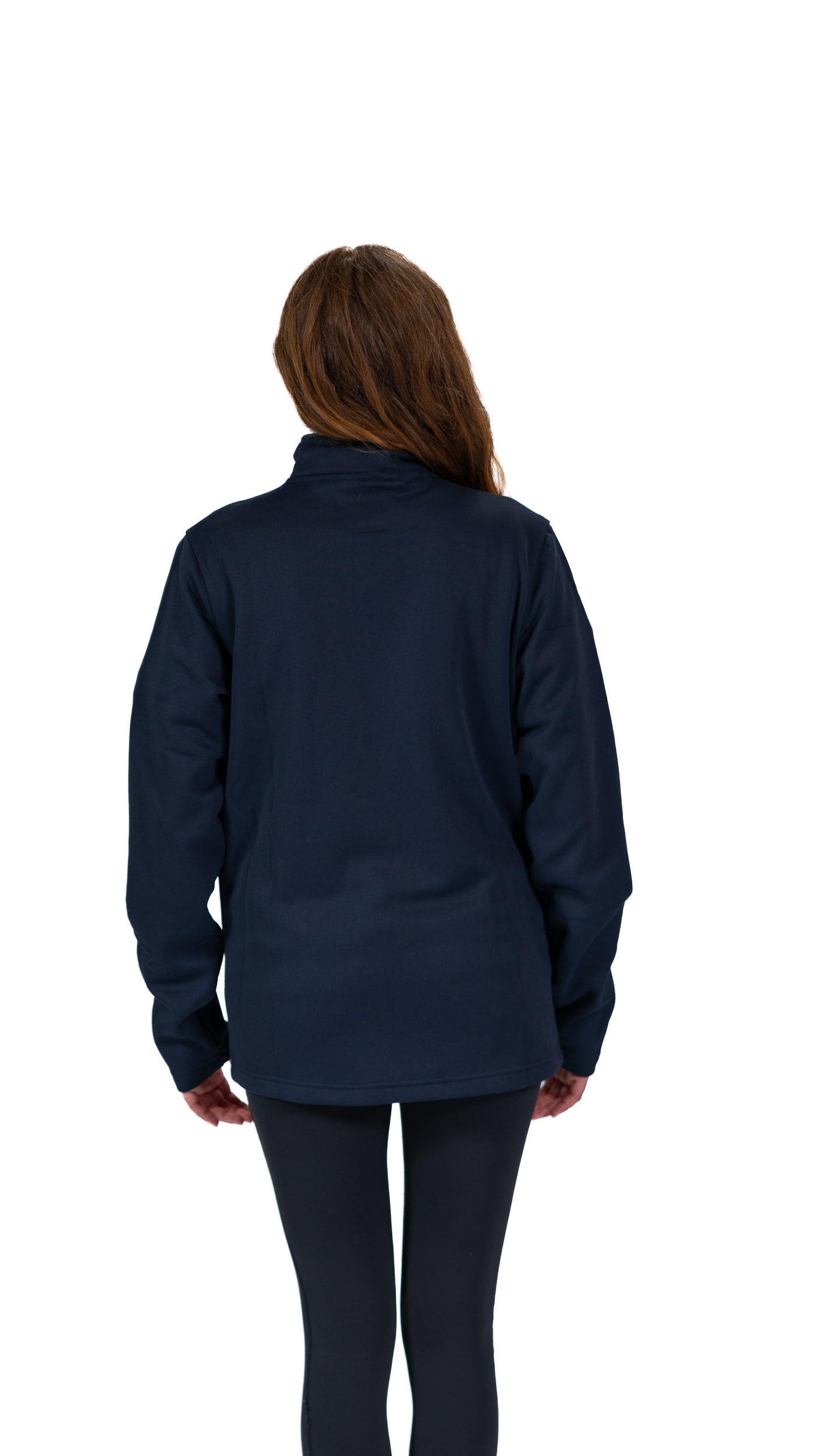 Back view of woman wearing navy Glasgow 2026 mono logo stripe Track Jacket.