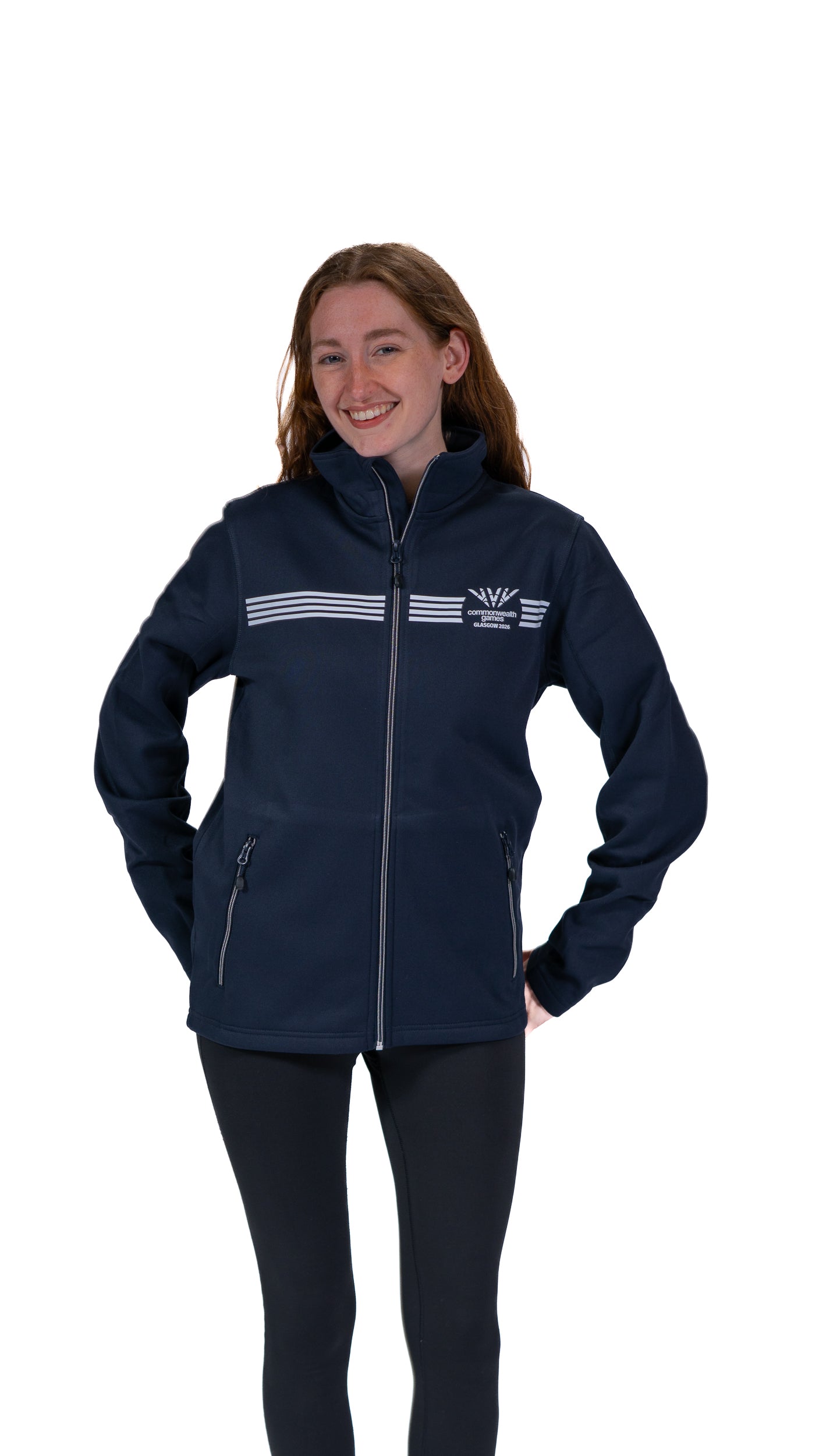 Front view of woman wearing navy Track Jacket with white Glasgow 2026 logo and stripes.