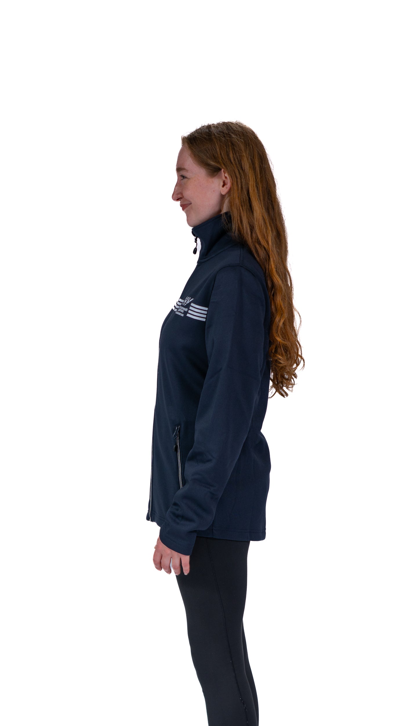 Front view of woman wearing navy Track Jacket with white Glasgow 2026 logo and stripes.