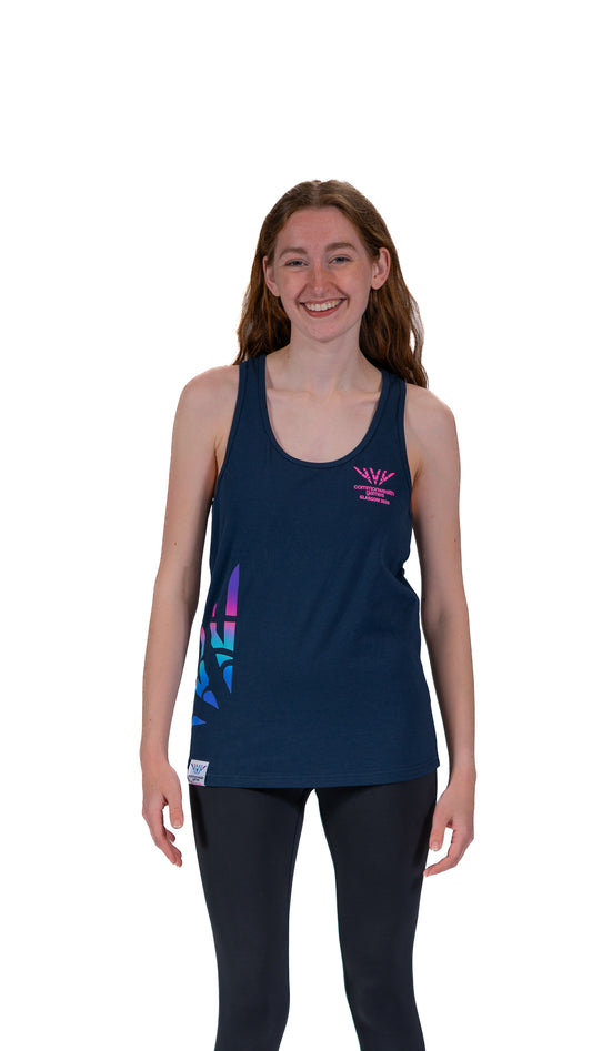 Front view of woman wearing fitted navy vest with Glasgow 2026 logo on the left chest and Celebration mark side print.