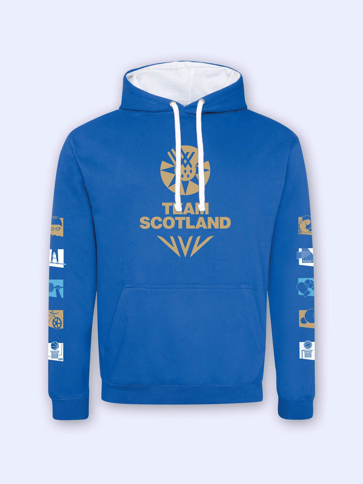 Royal blue/White contrast hoodie with gold Team Scotland logo above the Glasgow 2026 celebration mark and Commonwealth Games sports icons across each sleeve on a light grey background