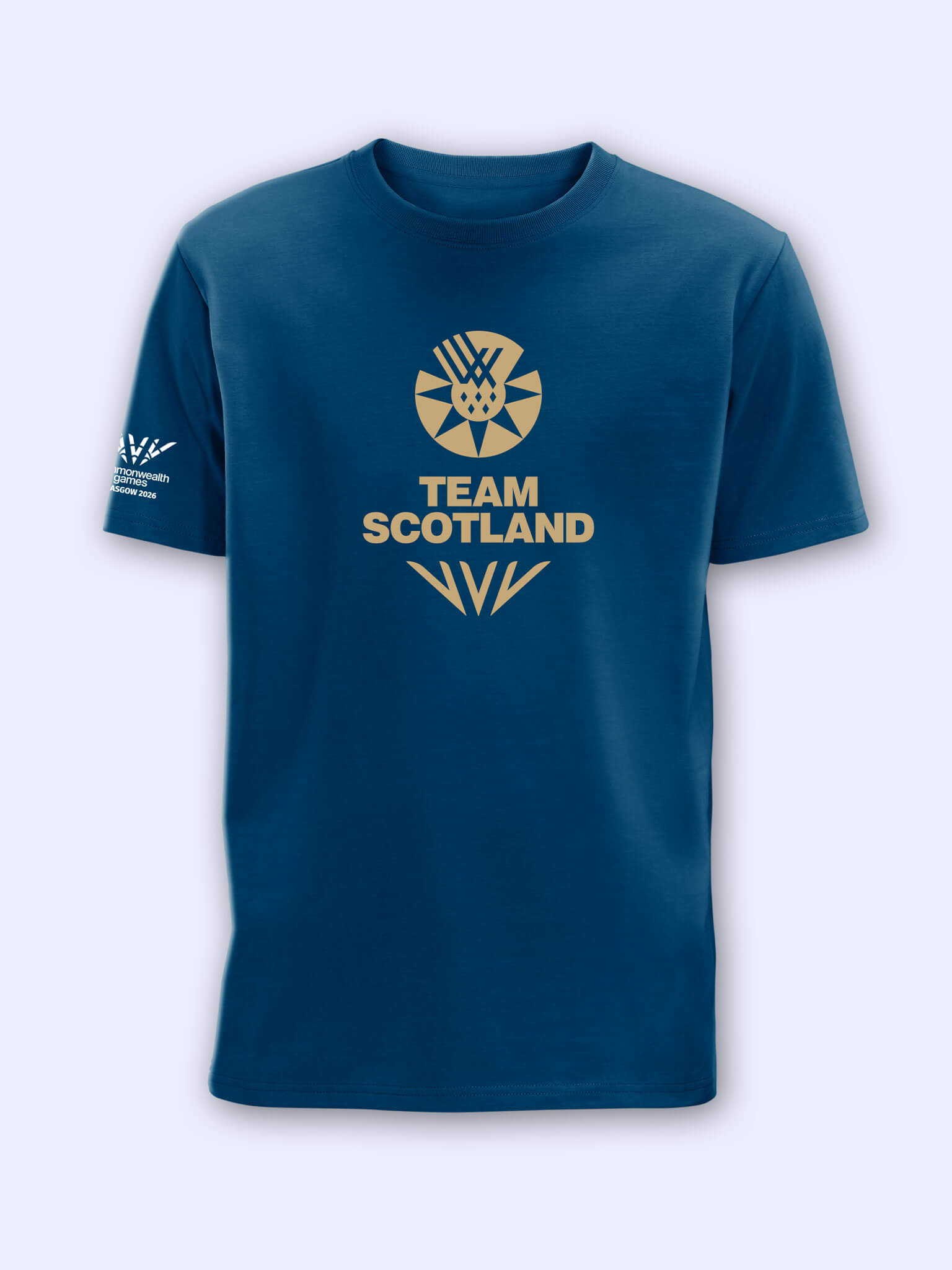 Mountain blue t-shirt with gold team Scotland logo above the Glasgow 2026 celebration mark on a light grey background