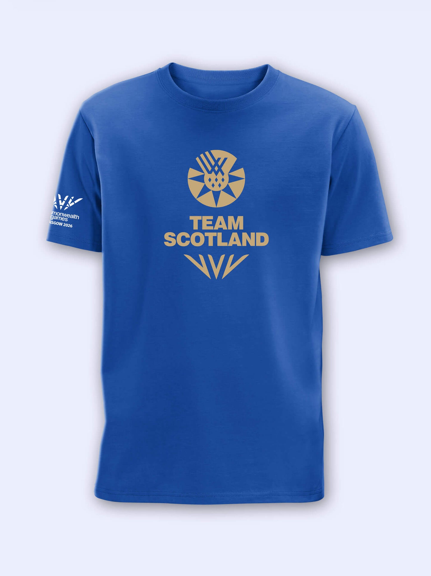 Royal blue t-shirt with gold team Scotland logo above the Glasgow 2026 celebration mark on a light grey background