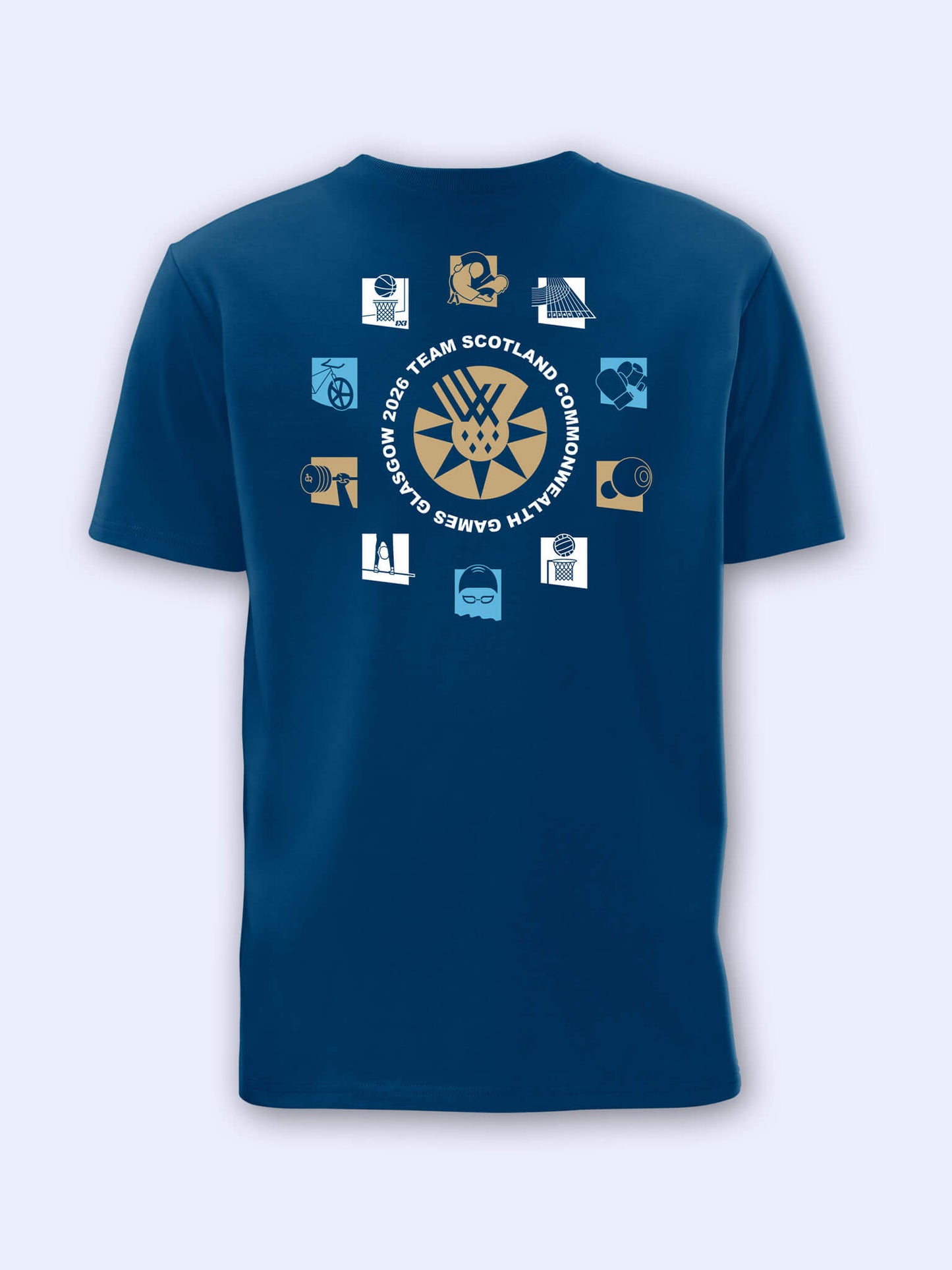 Back view of mountain blue t-shirt with Commonwealth games Glasgow 2026 sports icons around Team Scotland logomark on a grey background