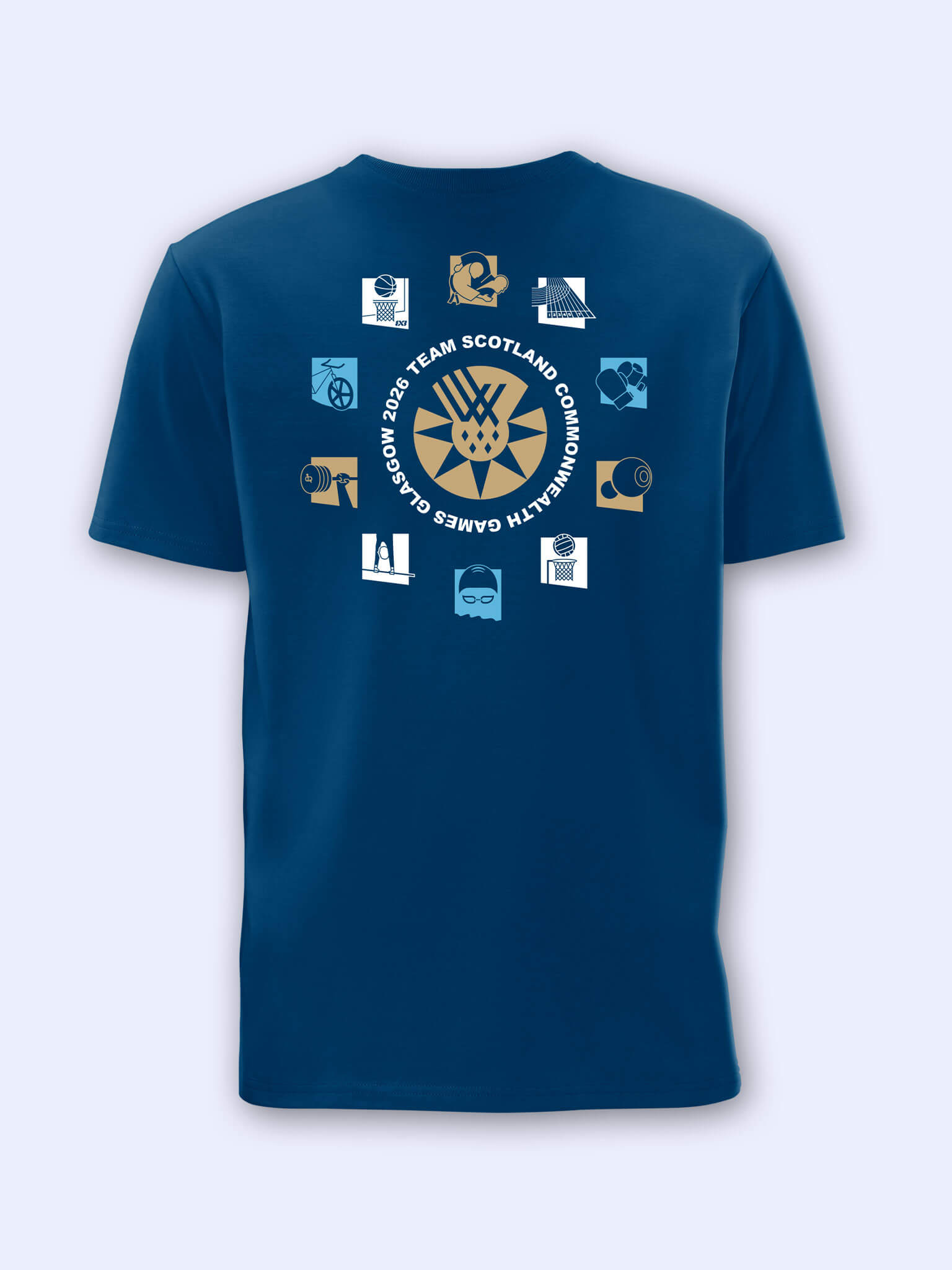 Back view of mountain blue t-shirt with Commonwealth games Glasgow 2026 sports icons around Team Scotland logomark on a grey background