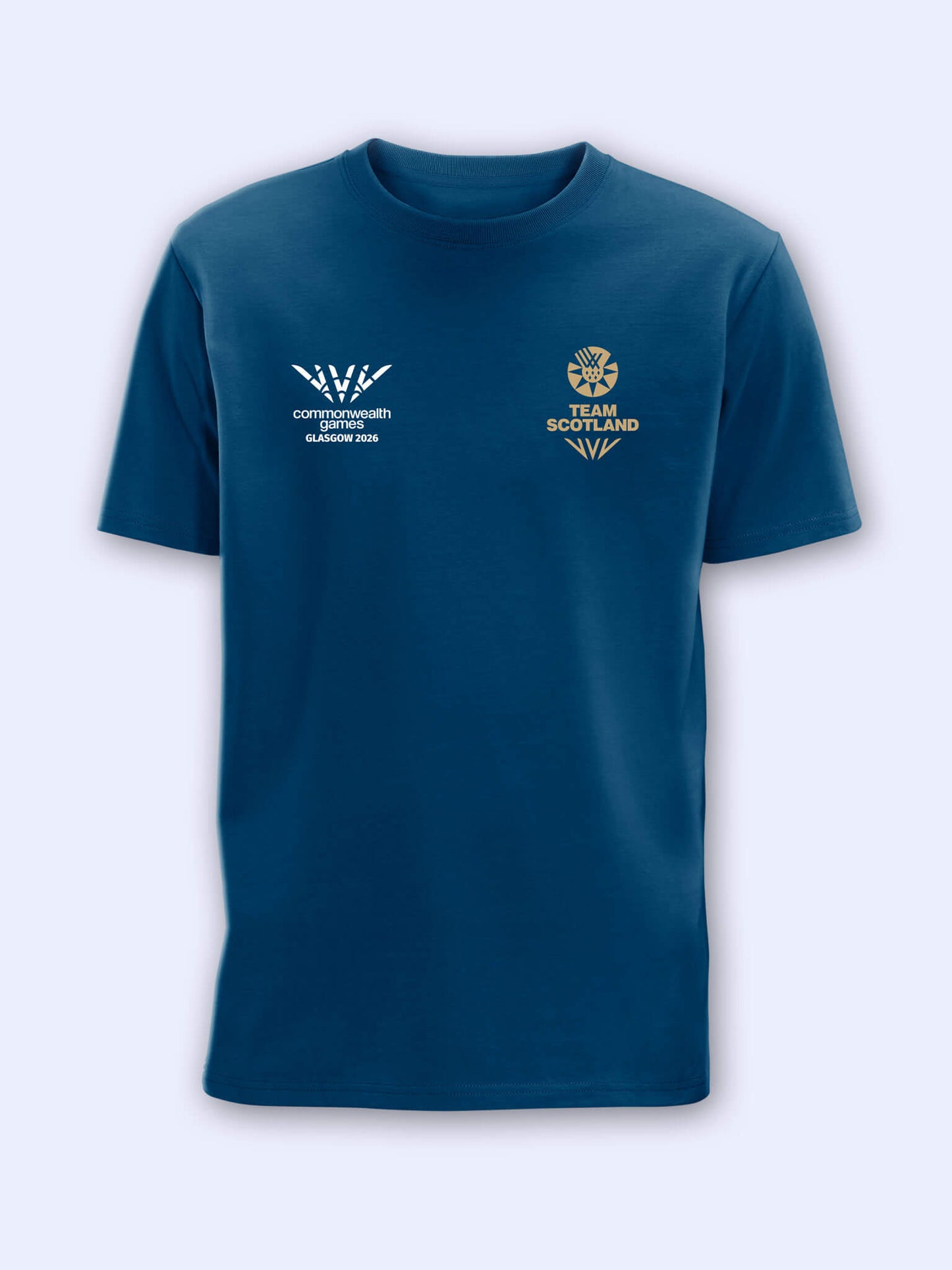 Mountain blue t-shirt with gold Team Scotland logo on the left chest and Commonwealth Games Glasgow 2026 logo on the right chest on a light grey background