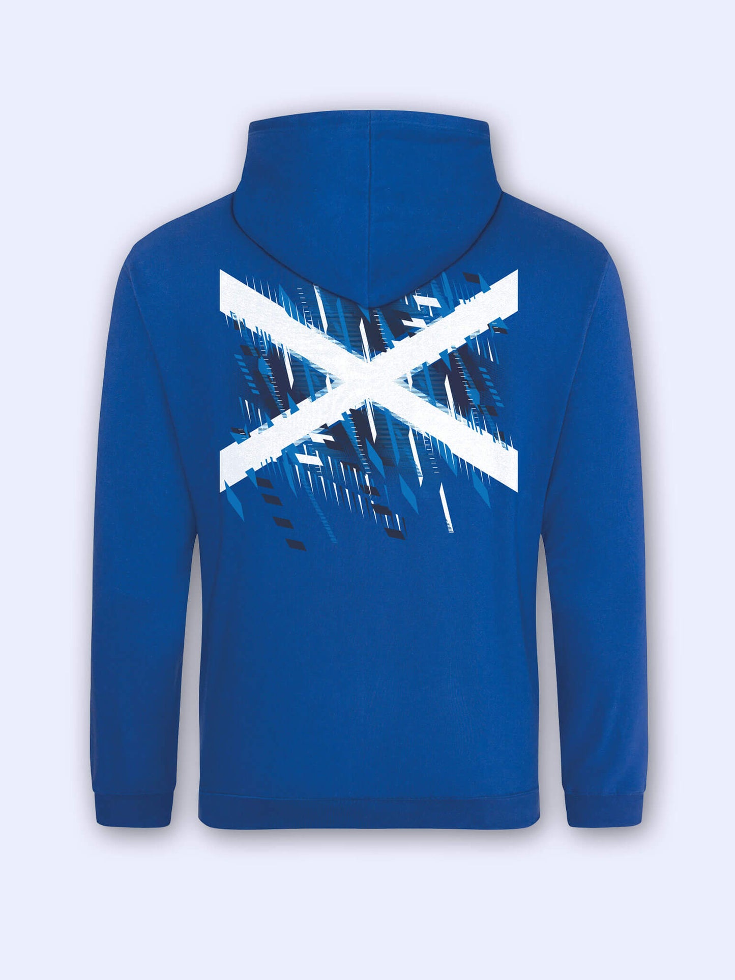 Back view of royal blue hoodie with Team Scotland Saltire Flag graphic on a light grey background