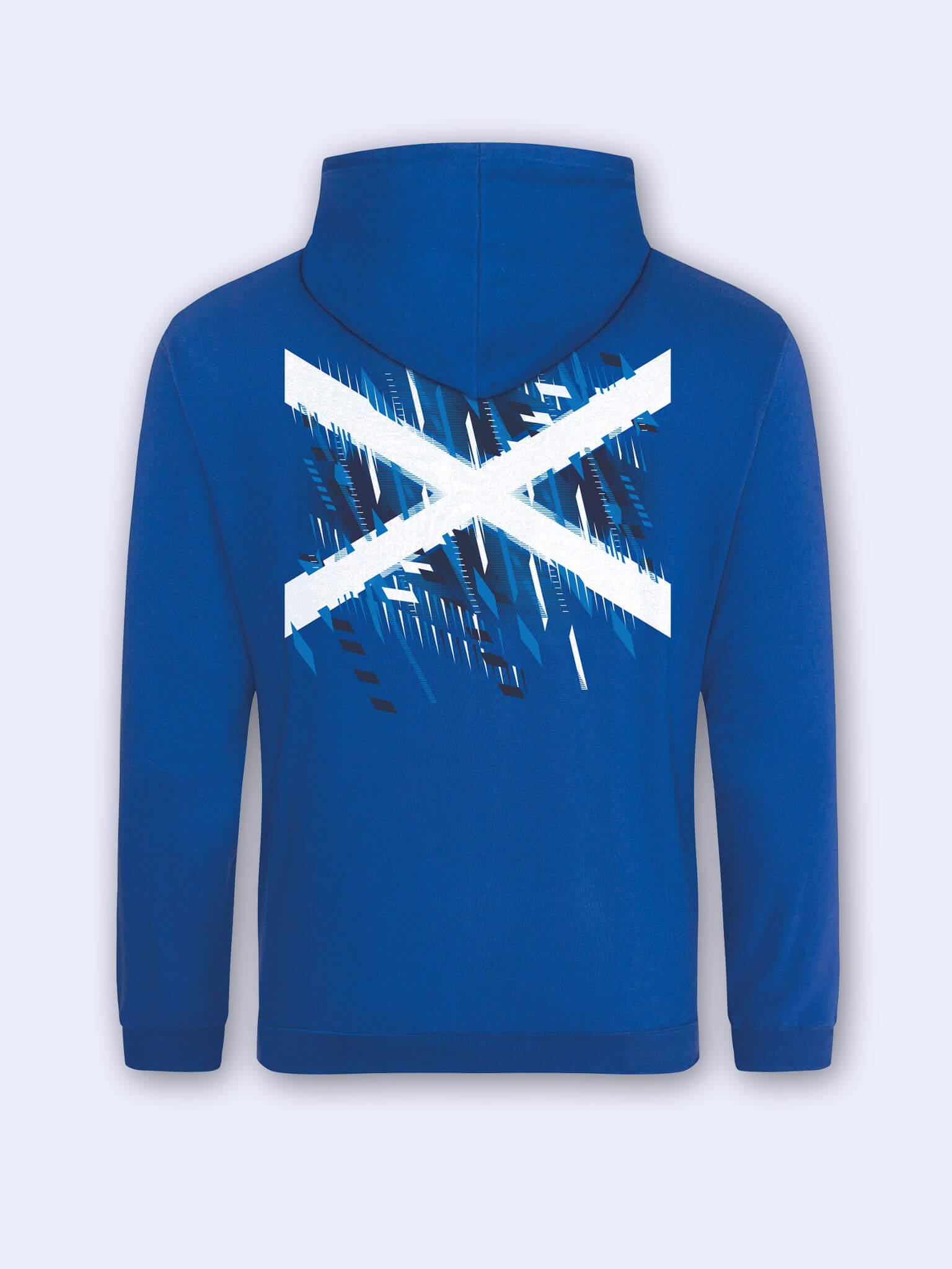 Back view of royal blue hoodie with Team Scotland Saltire Flag graphic on a light grey background