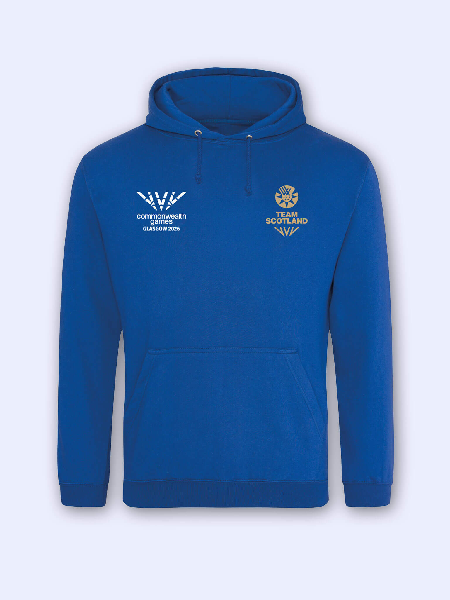 Royal blue hoodie with gold Team Scotland logo on left chest and Commonwealth Games Glasgow 2026 logo on right chest on a grey background