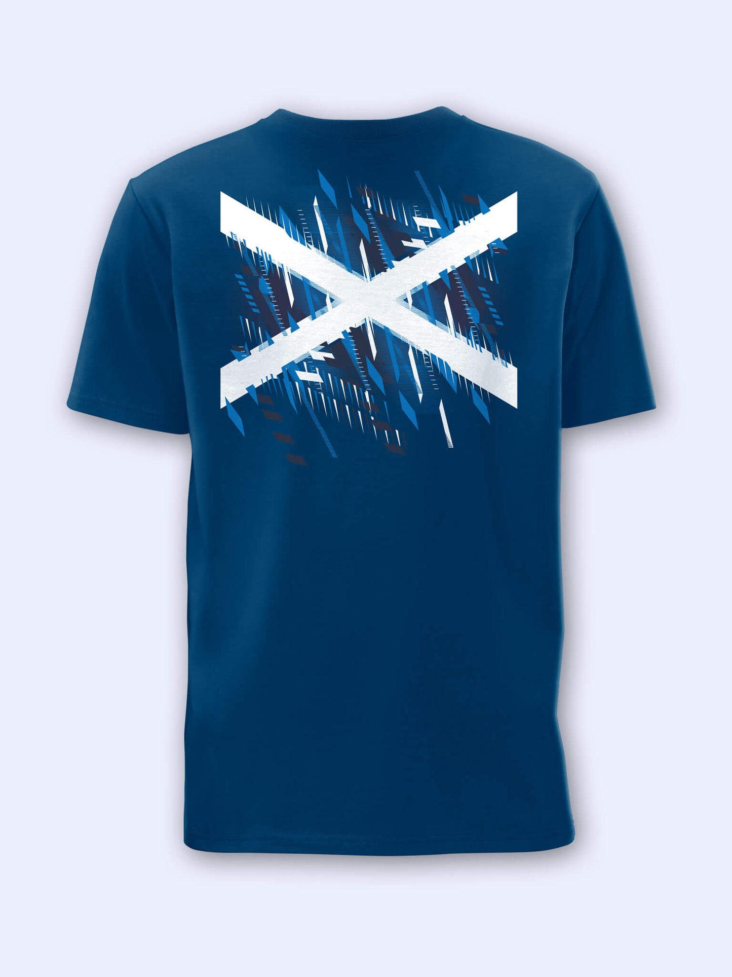 Back view of mountain blue t-shirt with Team Scotland Saltire Flag graphic on a light grey background