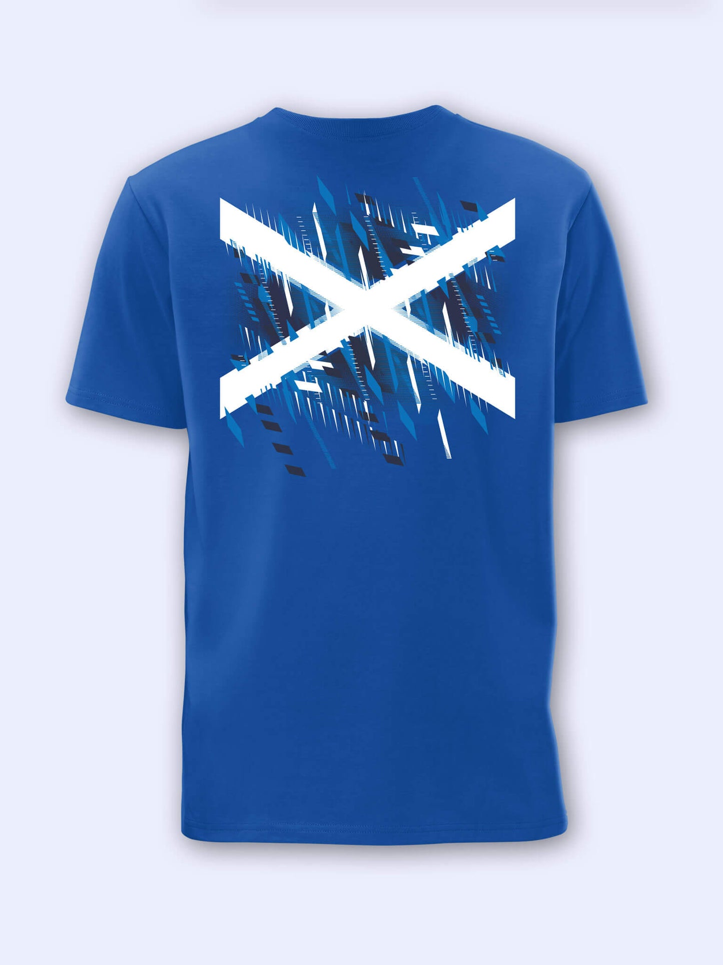 Back view of royal blue t-shirt with Team Scotland Saltire Flag graphic on a light grey background