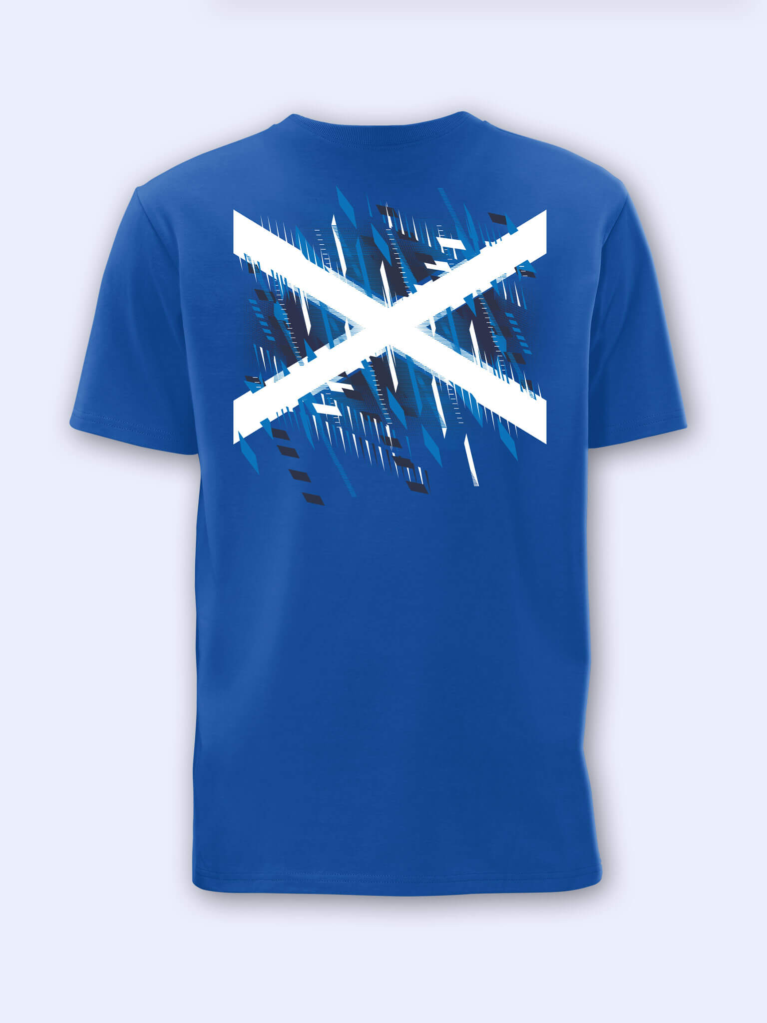 Back view of royal blue t-shirt with Team Scotland Saltire Flag graphic on a light grey background