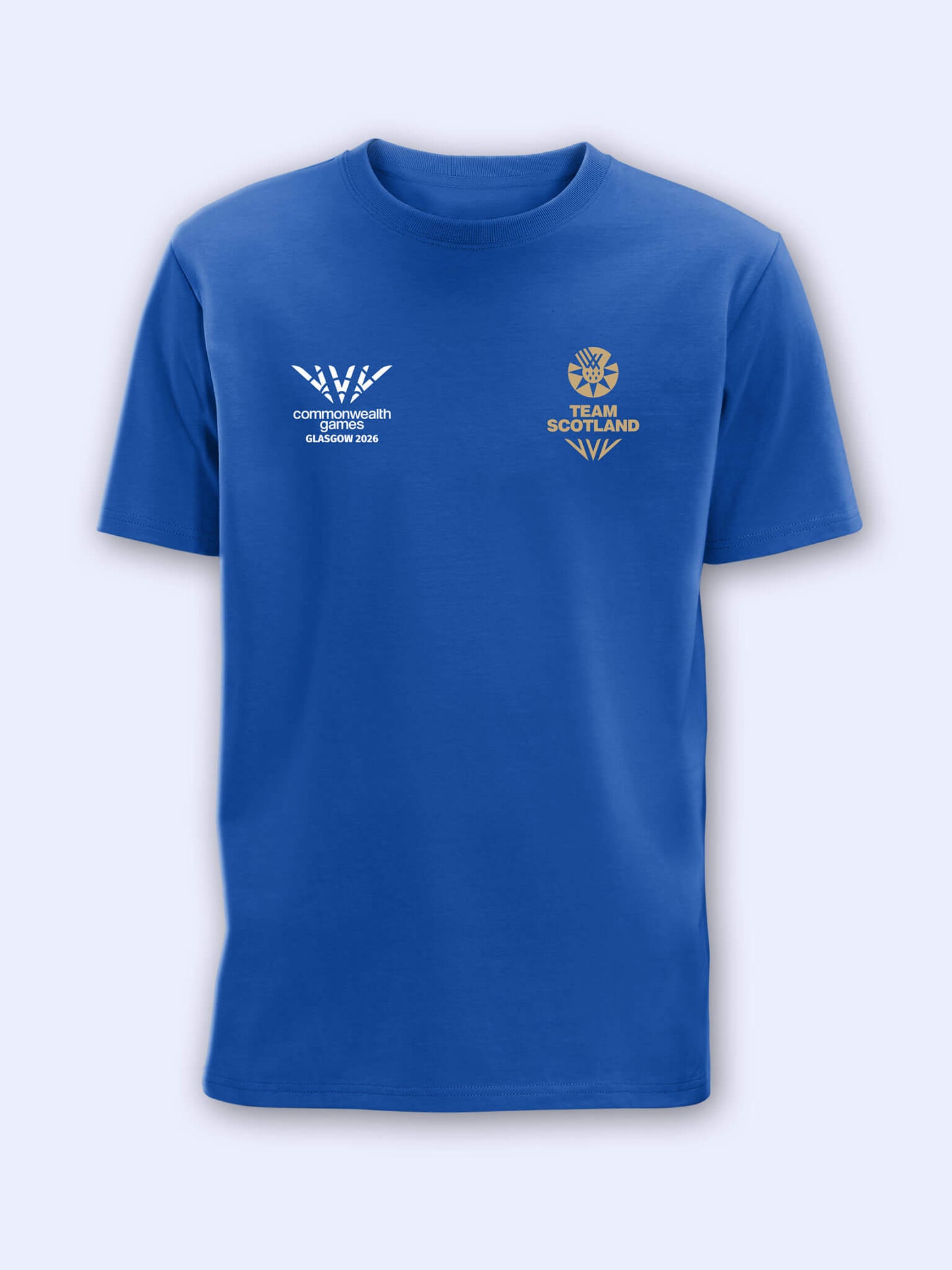 Royal blue t-shirt with gold Team Scotland logo on the left chest and Commonwealth Games Glasgow 2026 logo on the right chest on a light grey background
