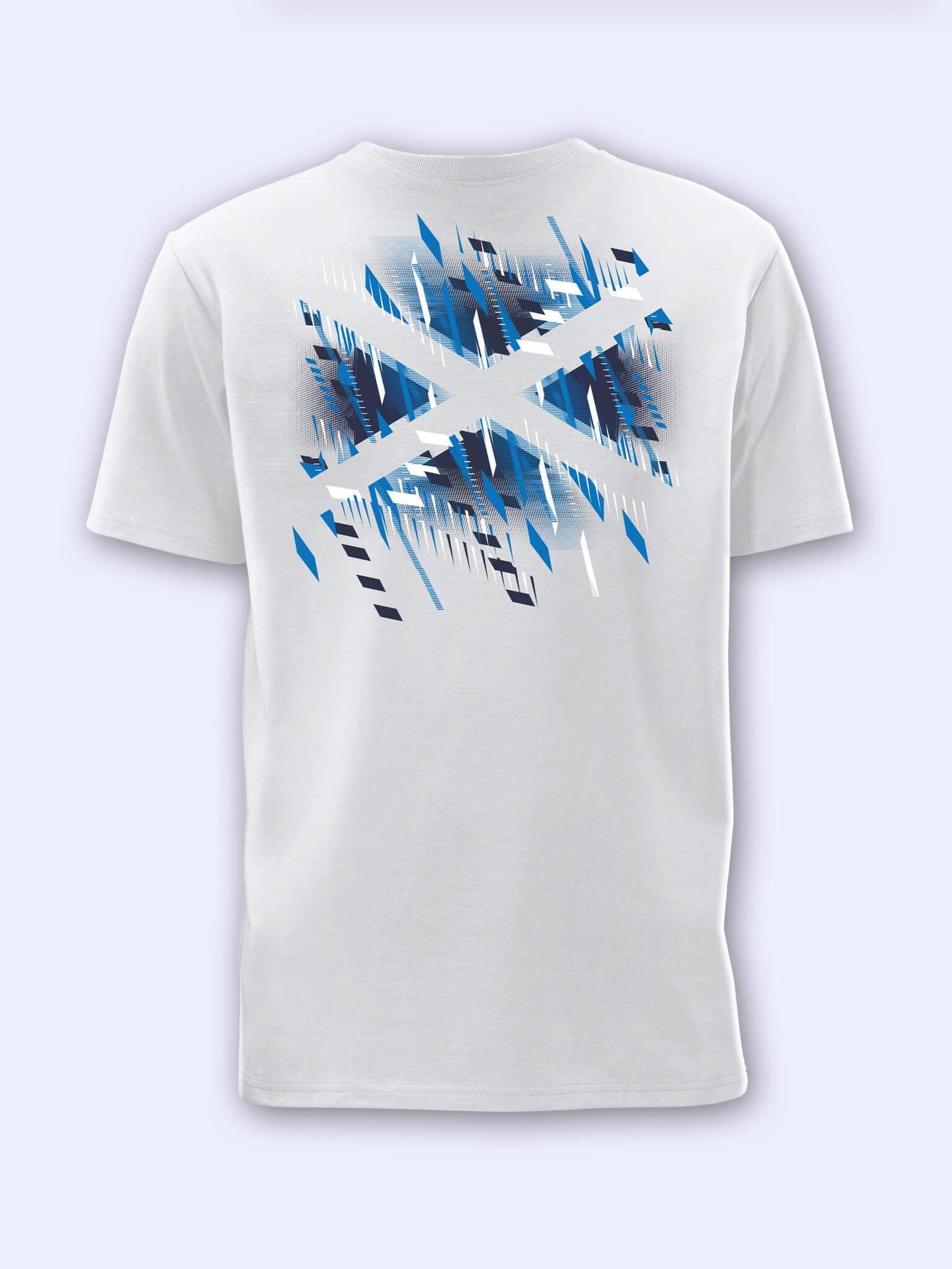 Back view of white t-shirt with Team Scotland Saltire Flag graphic on a light grey background