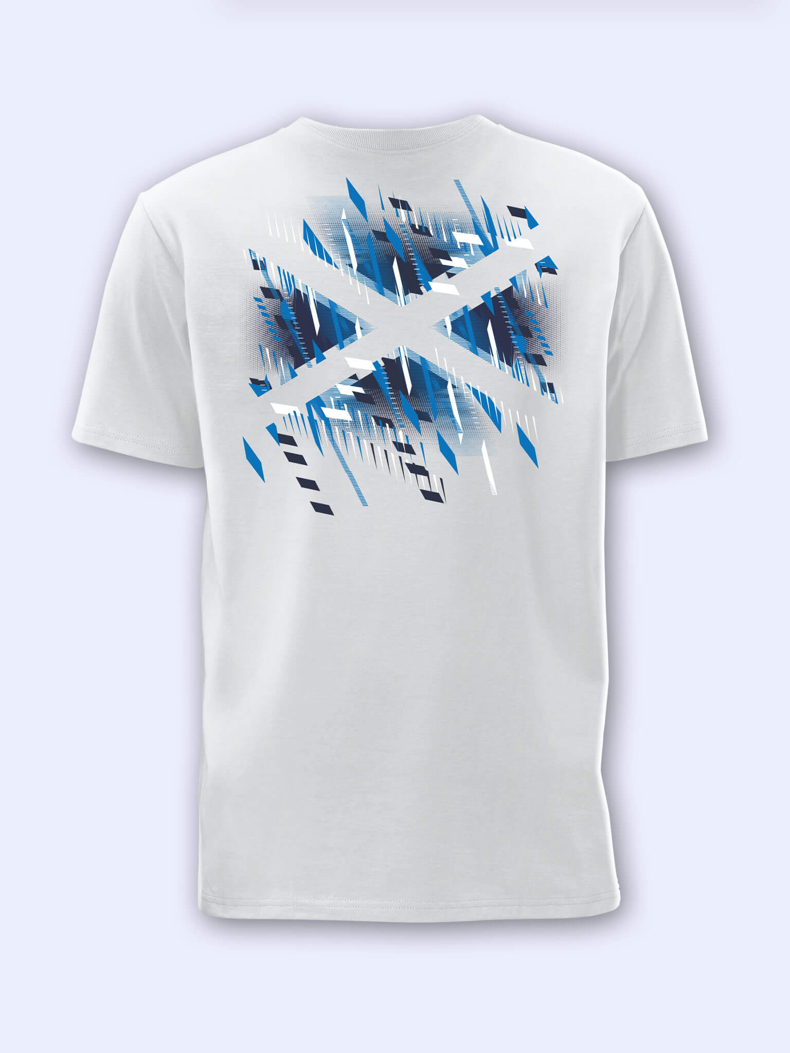 Back view of white t-shirt with Team Scotland Saltire Flag graphic on a light grey background