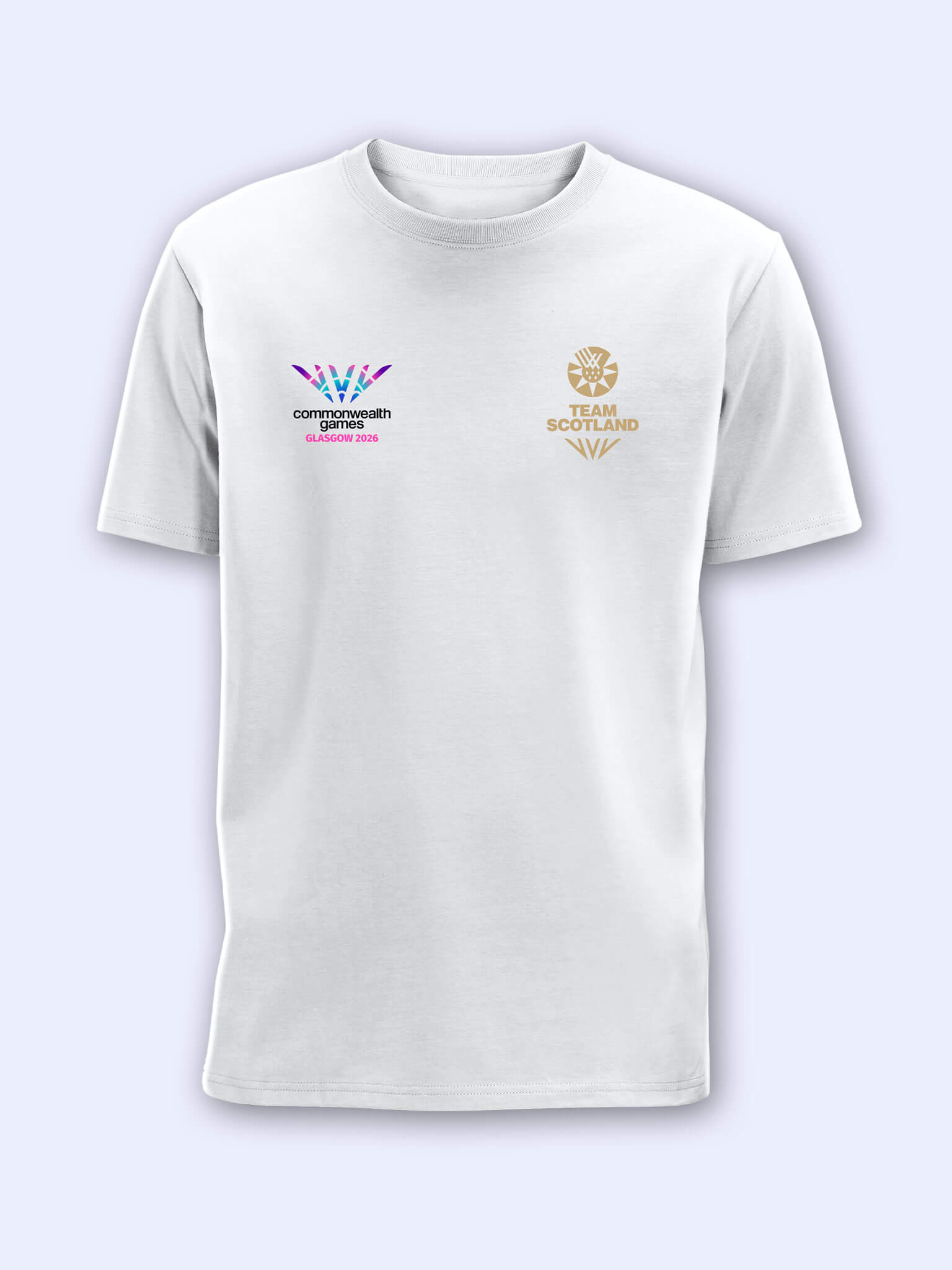 White t-shirt with gold Team Scotland logo on the left chest and Commonwealth Games Glasgow 2026 logo on the right chest on a light grey background