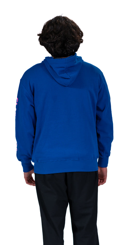 Back view of man wearing blue Glasgow 2026 Logo full zip hoodie.
