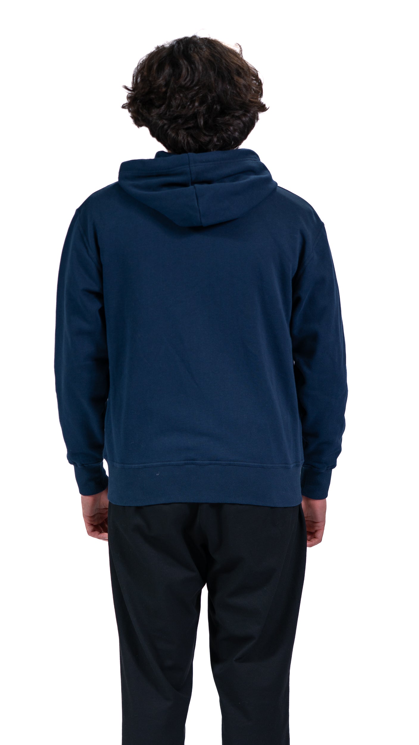 Back view of man wearing navy Glasgow 2026 Logo full zip hoodie.