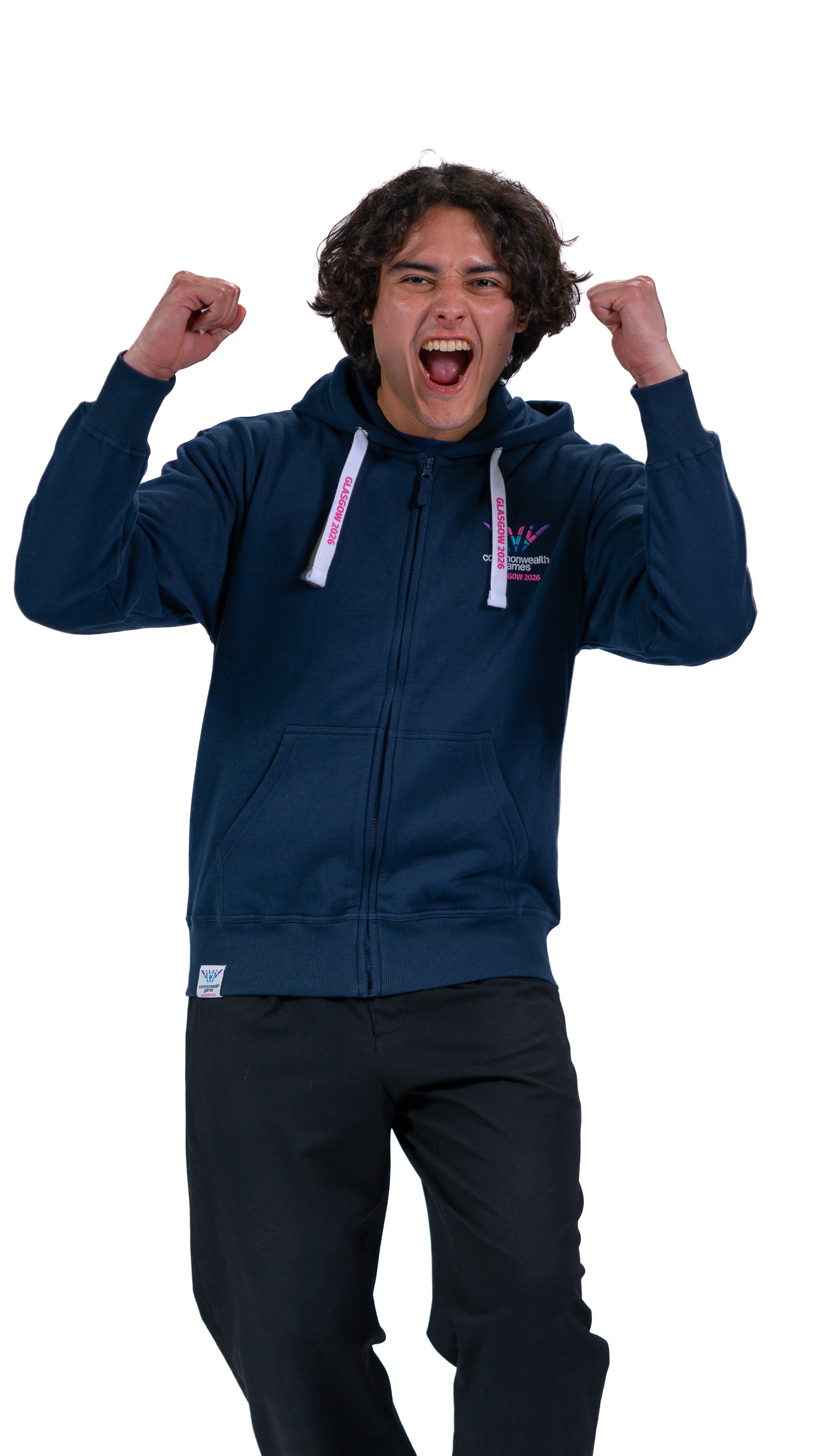 Front view of man wearing navy full zip hoodie with Glasgow 2026 logo.