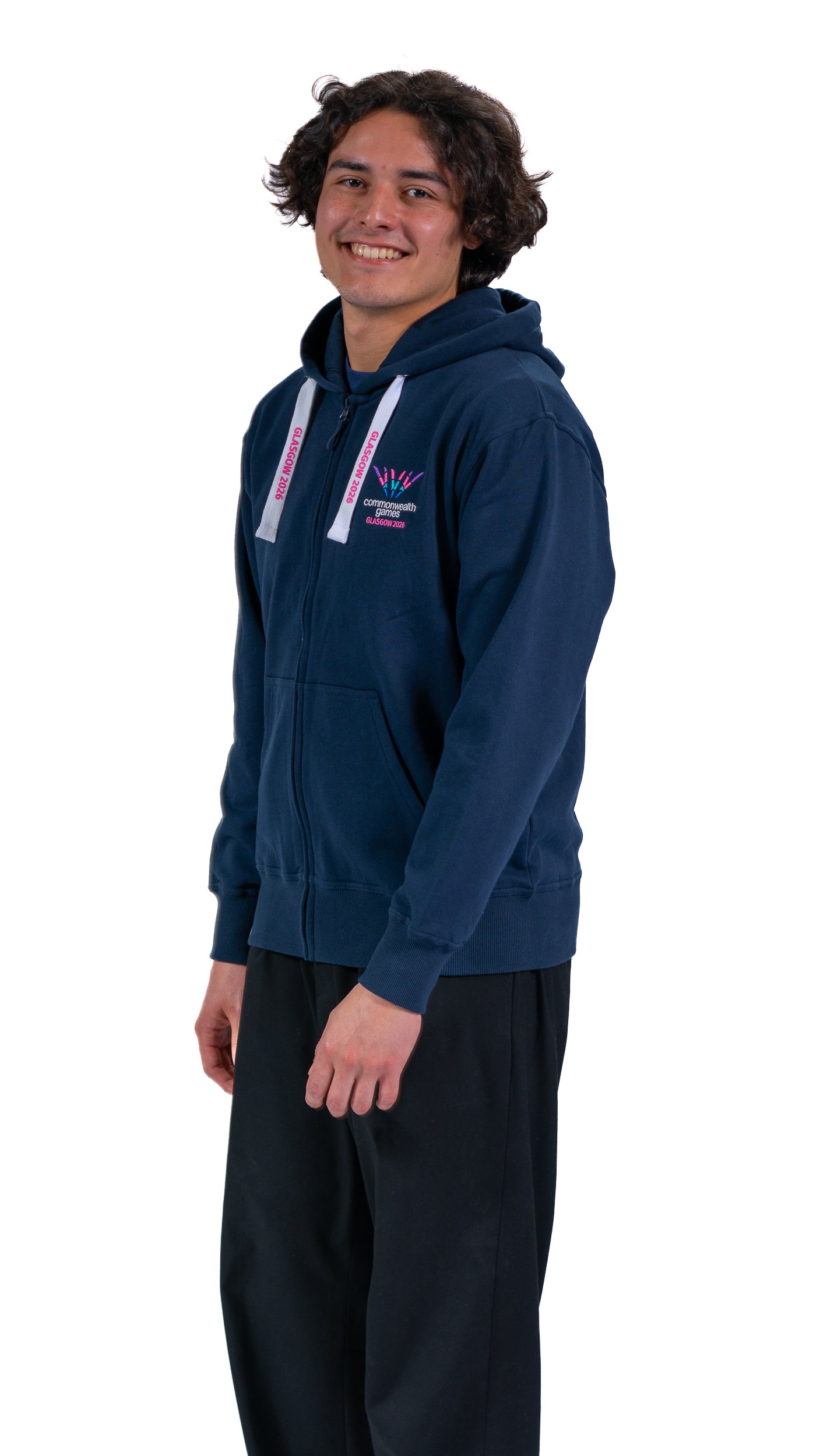Side view of man wearing navy full zip hoodie with Glasgow 2026 logo.