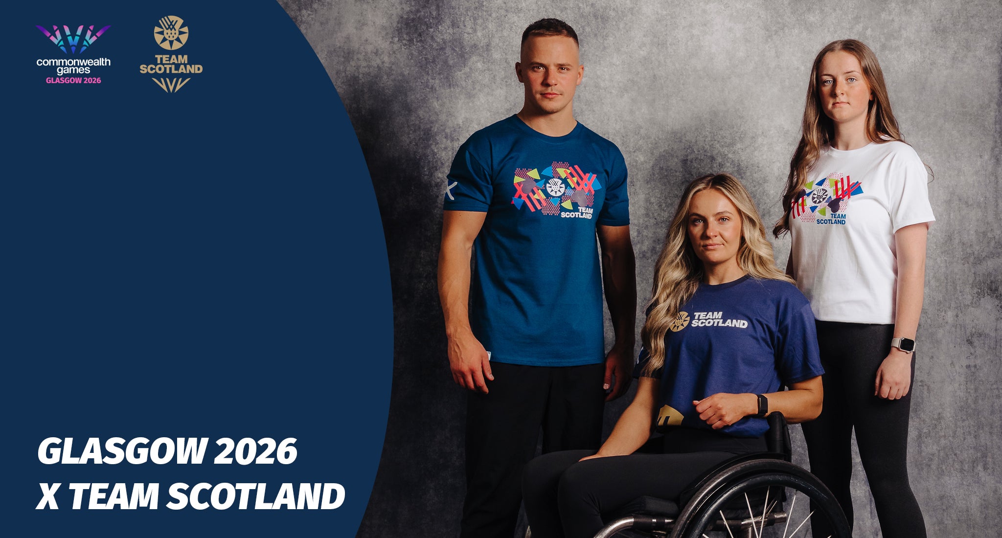Team Scotland X Glasgow 2026 showing athletes wearing Team Scotland Games Merch.