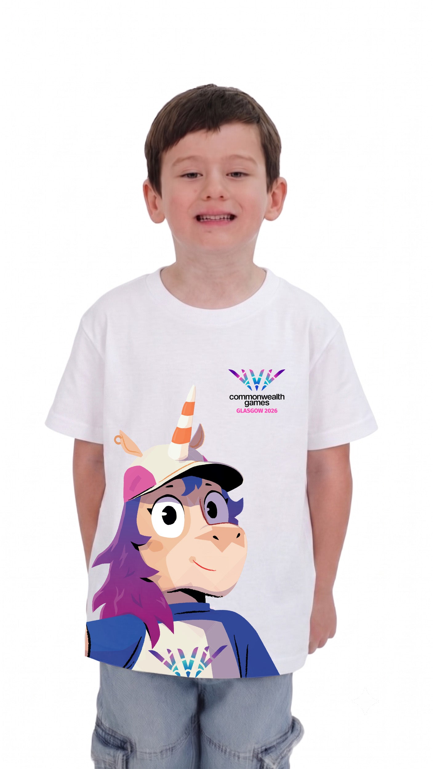 Young boy wearing white Finnie 26 Competition Winning T-Shirt showing front view with Finnie Graphic and Glasgow 2026 logo.