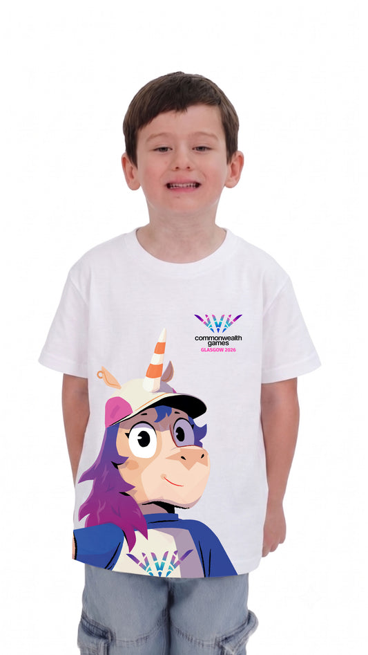 Young boy wearing white Finnie 26 Competition Winning T-Shirt showing front view with Finnie Graphic and Glasgow 2026 logo.