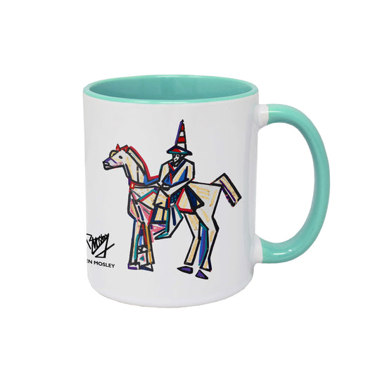 White mug with contrast light mint green inner, Wellington Statue graphic created for Glasgow 2026