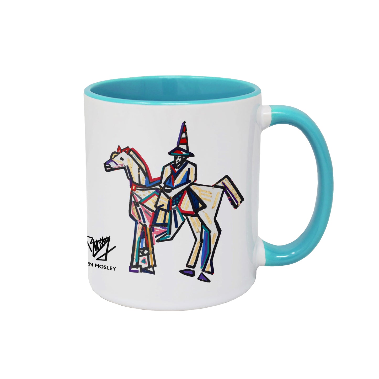 White mug with contrast light blue inner, Wellington Statue graphic created for Glasgow 2026