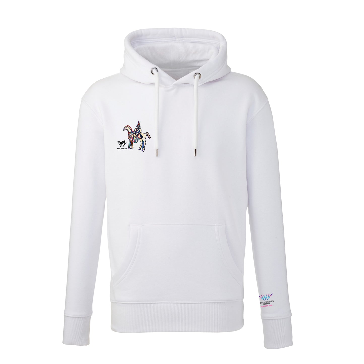 White hoodie with Ben Mosley Wellington Statue Graphic on the right chest and Glasgow 2026 logo on the sleeve.