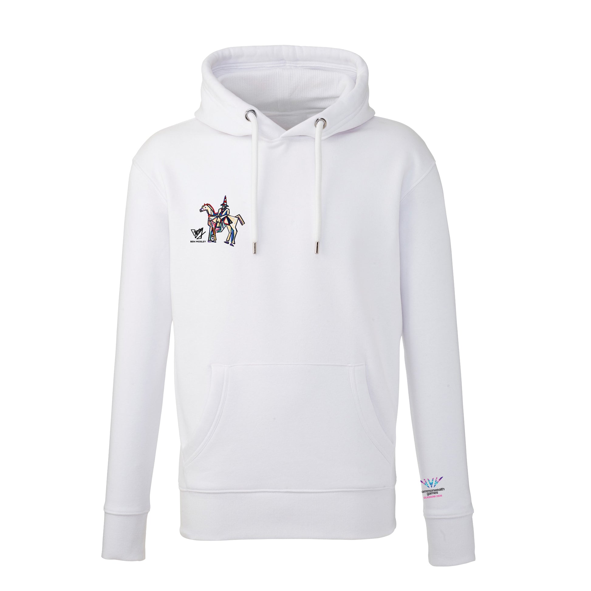 White hoodie with Ben Mosley Wellington Statue Graphic on the right chest and Glasgow 2026 logo on the sleeve.