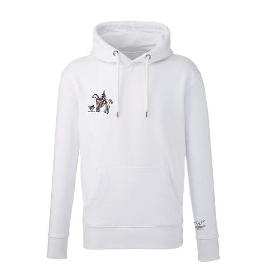 White hoodie with Ben Mosley Wellington Statue Graphic on the right chest and Glasgow 2026 logo on the sleeve.
