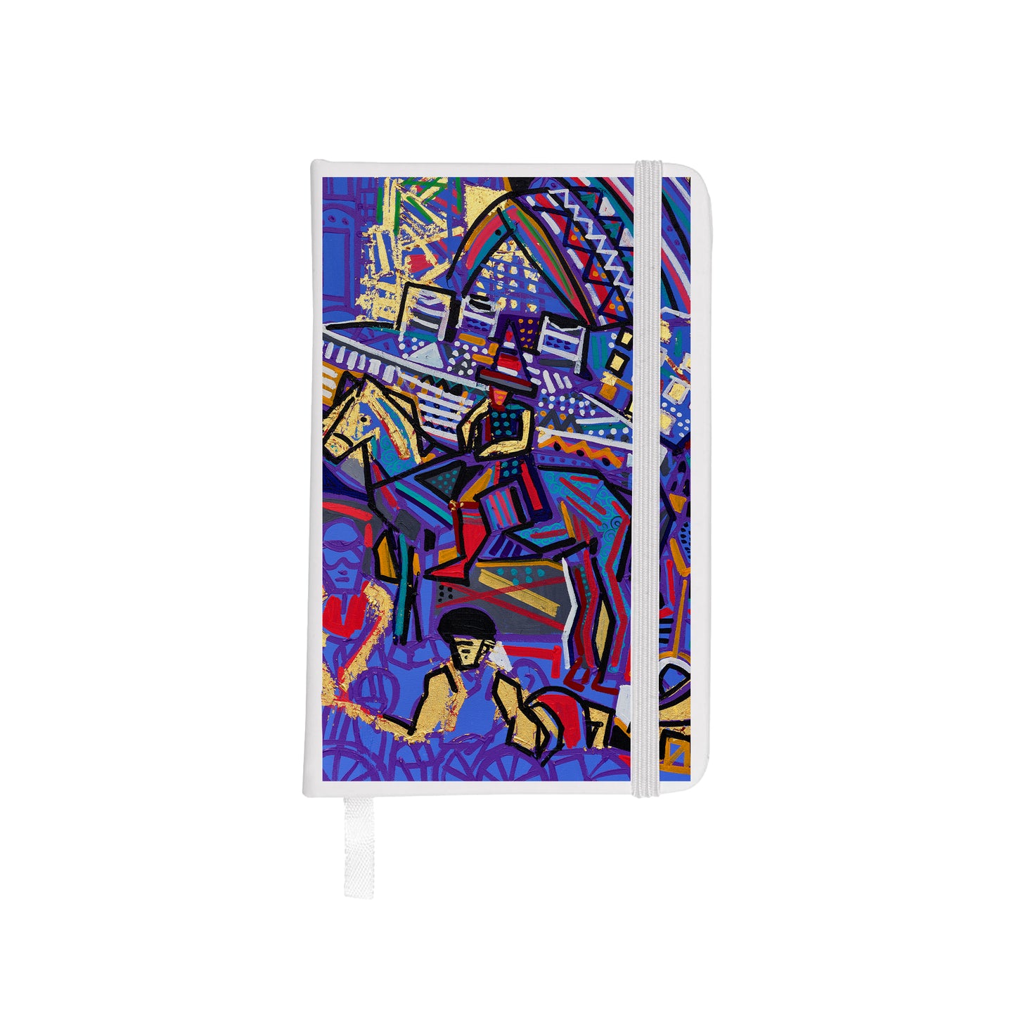White notebook with Ben Mosley Wellington statue in Blue graphic