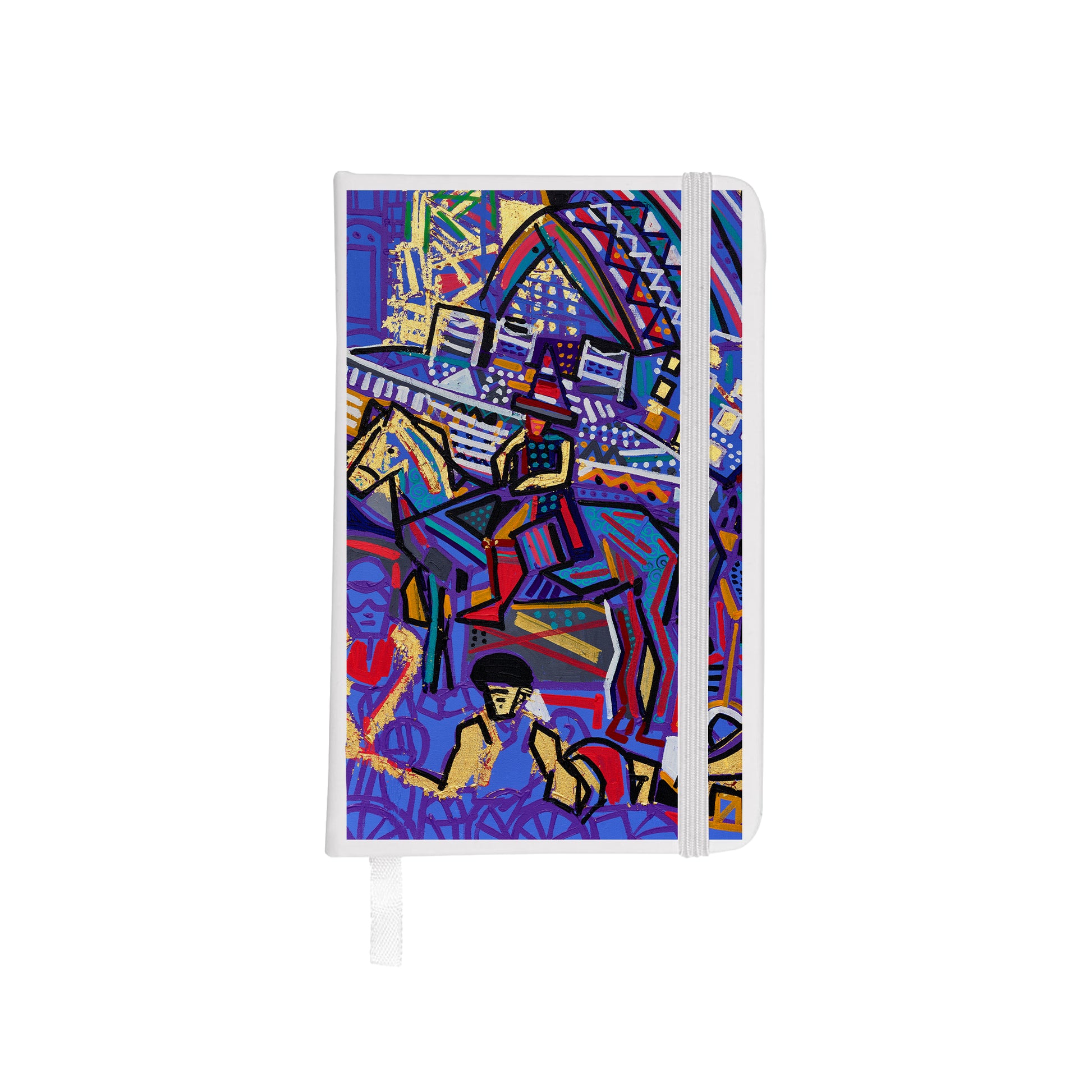 White notebook with Ben Mosley Wellington statue in Blue graphic