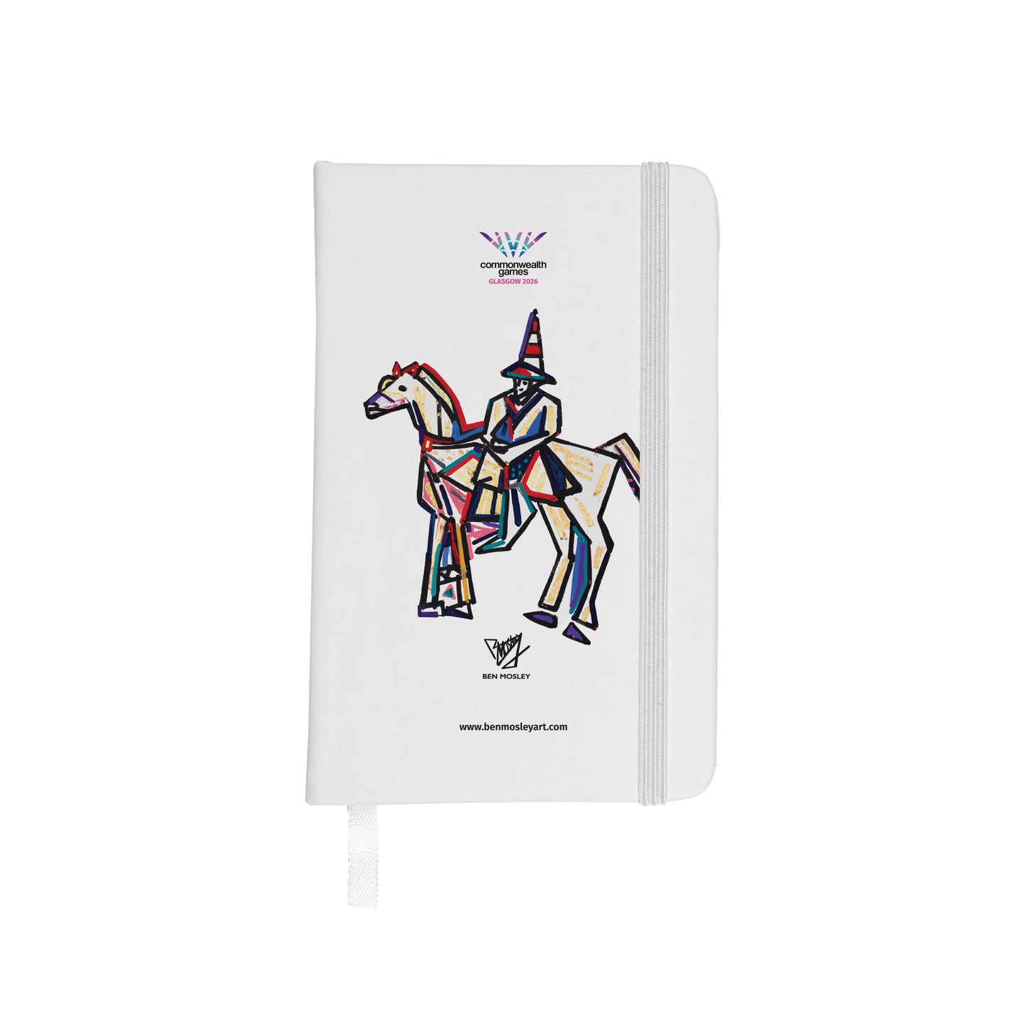 White notebook with Ben Mosley Wellington Statue graphic created for Glasgow 2026