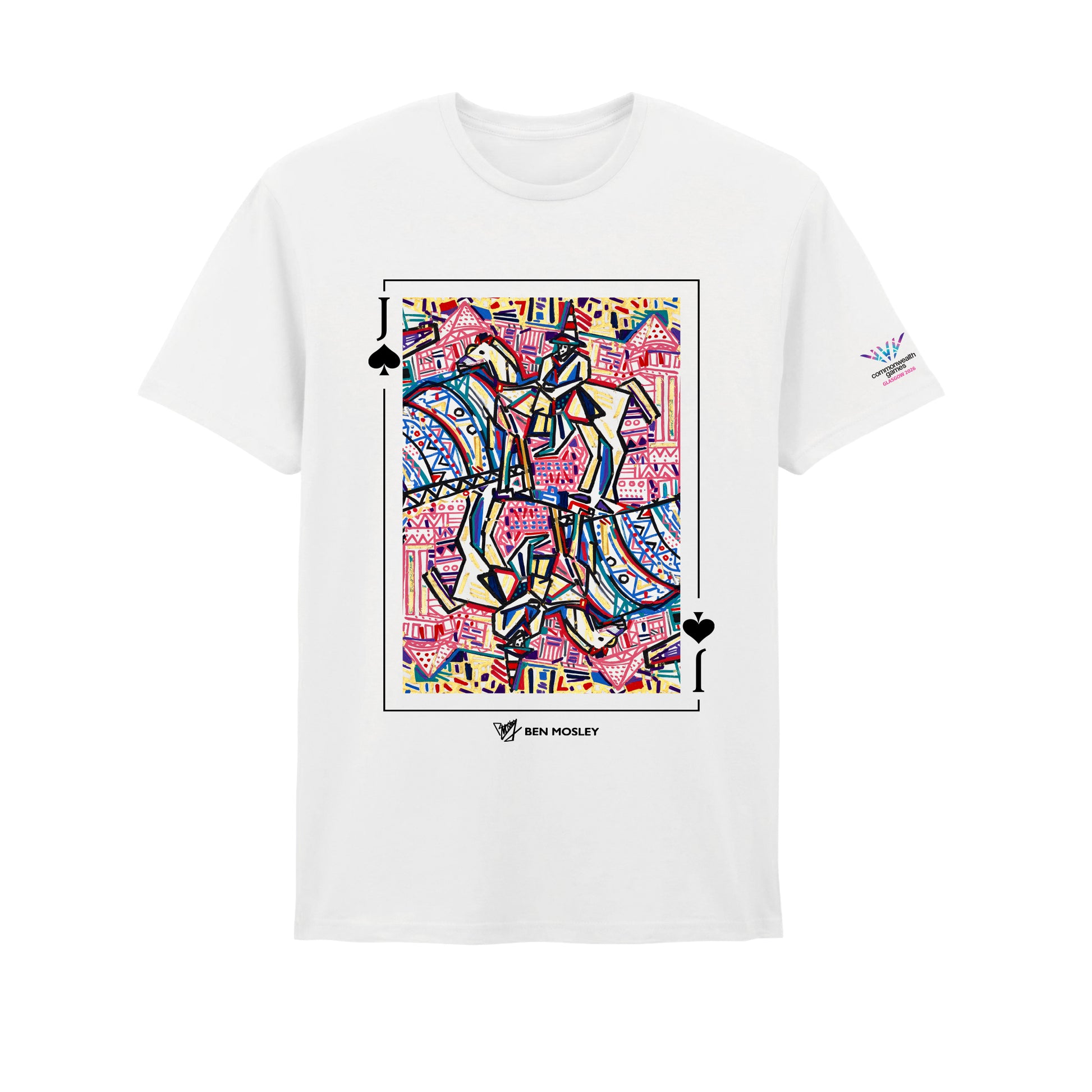 White t-shirt with Ben Mosley Cityscape Wellington Statue graphic created for Glasgow 2026