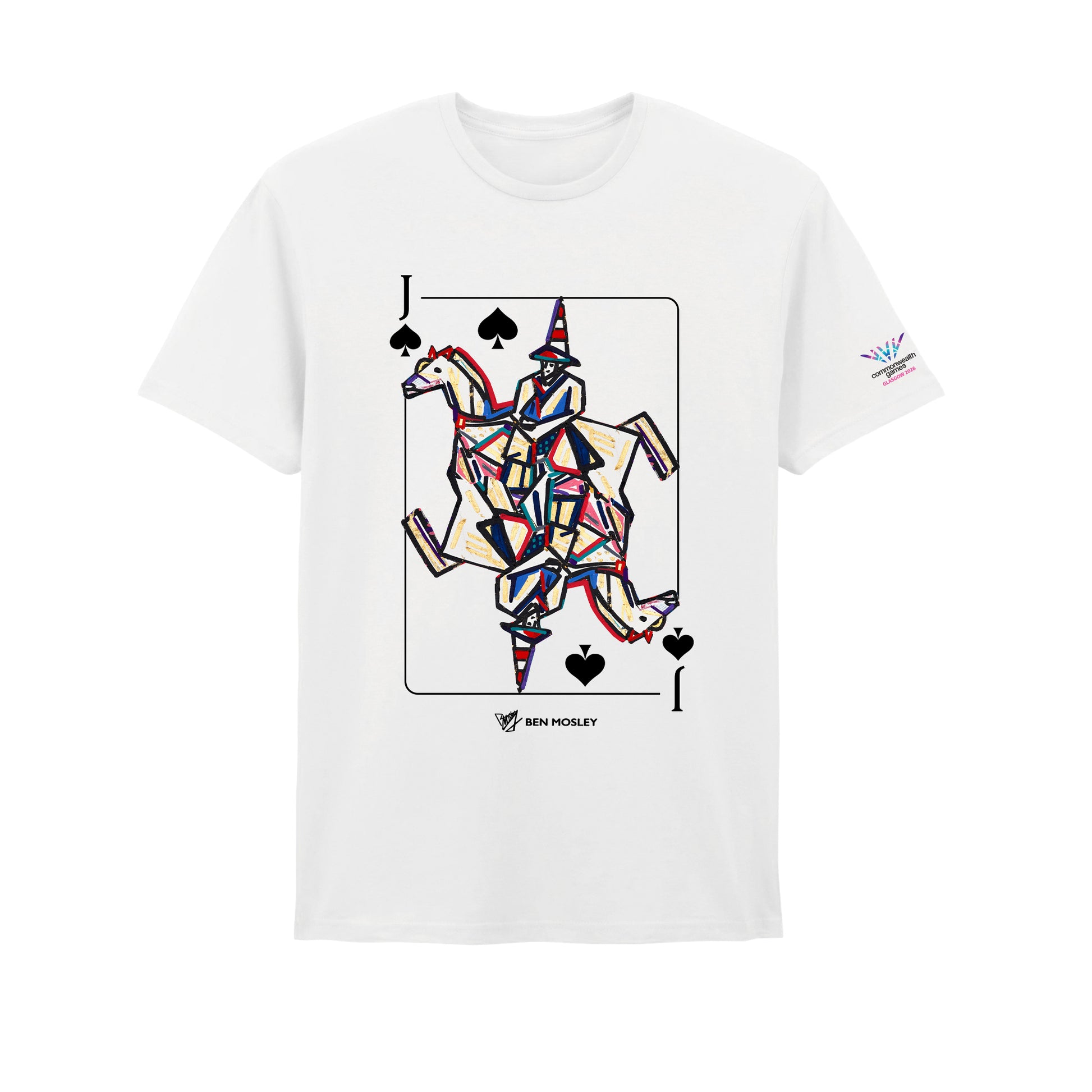 White t-shirt with Ben Mosley Wellington Statue on Jack of Clubs graphic created for Glasgow 2026