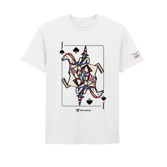 White t-shirt with Ben Mosley Wellington Statue on Jack of Clubs graphic created for Glasgow 2026