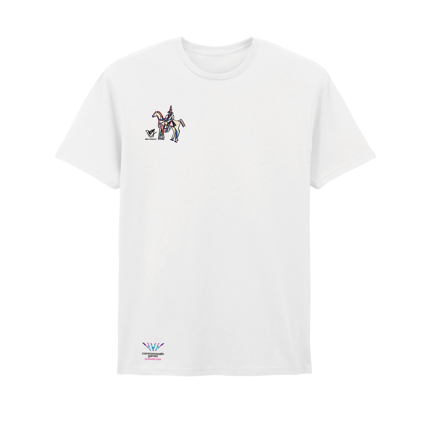 White t-shirt with Ben Mosley Wellington Statue graphic on the right chest and Glasgow 2026 logo above the hem.