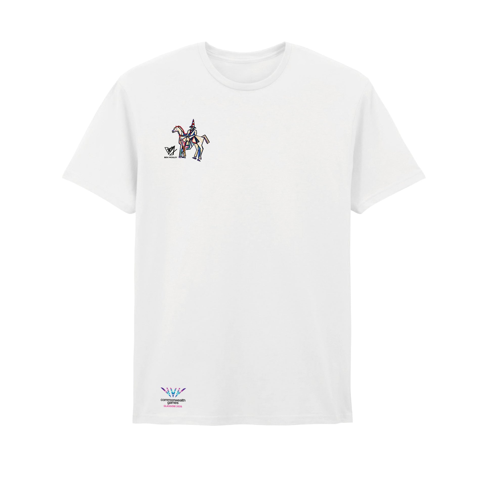 White t-shirt with Ben Mosley Wellington Statue graphic on the right chest and Glasgow 2026 logo above the hem.